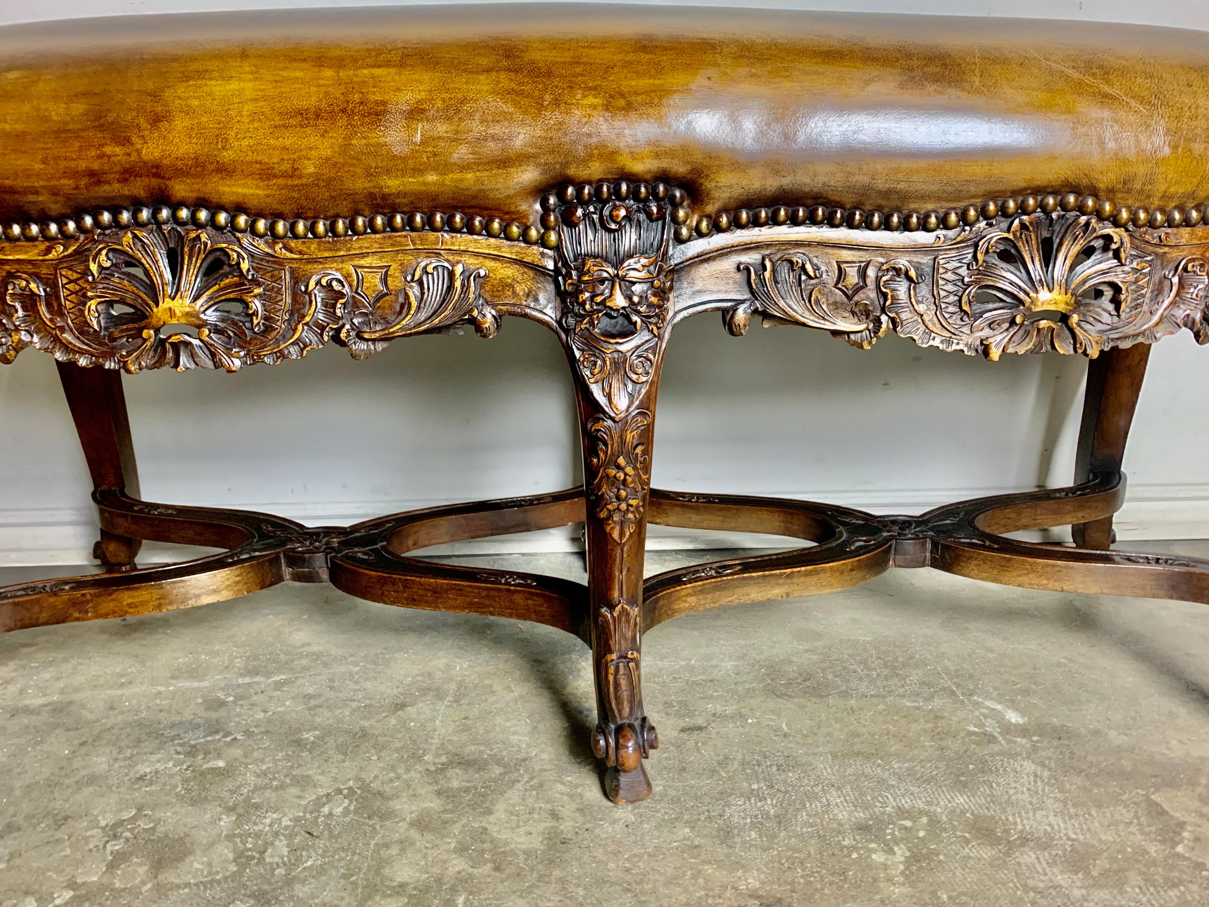 Walnut Six Legged French Carved Leather Bench C. 1900's