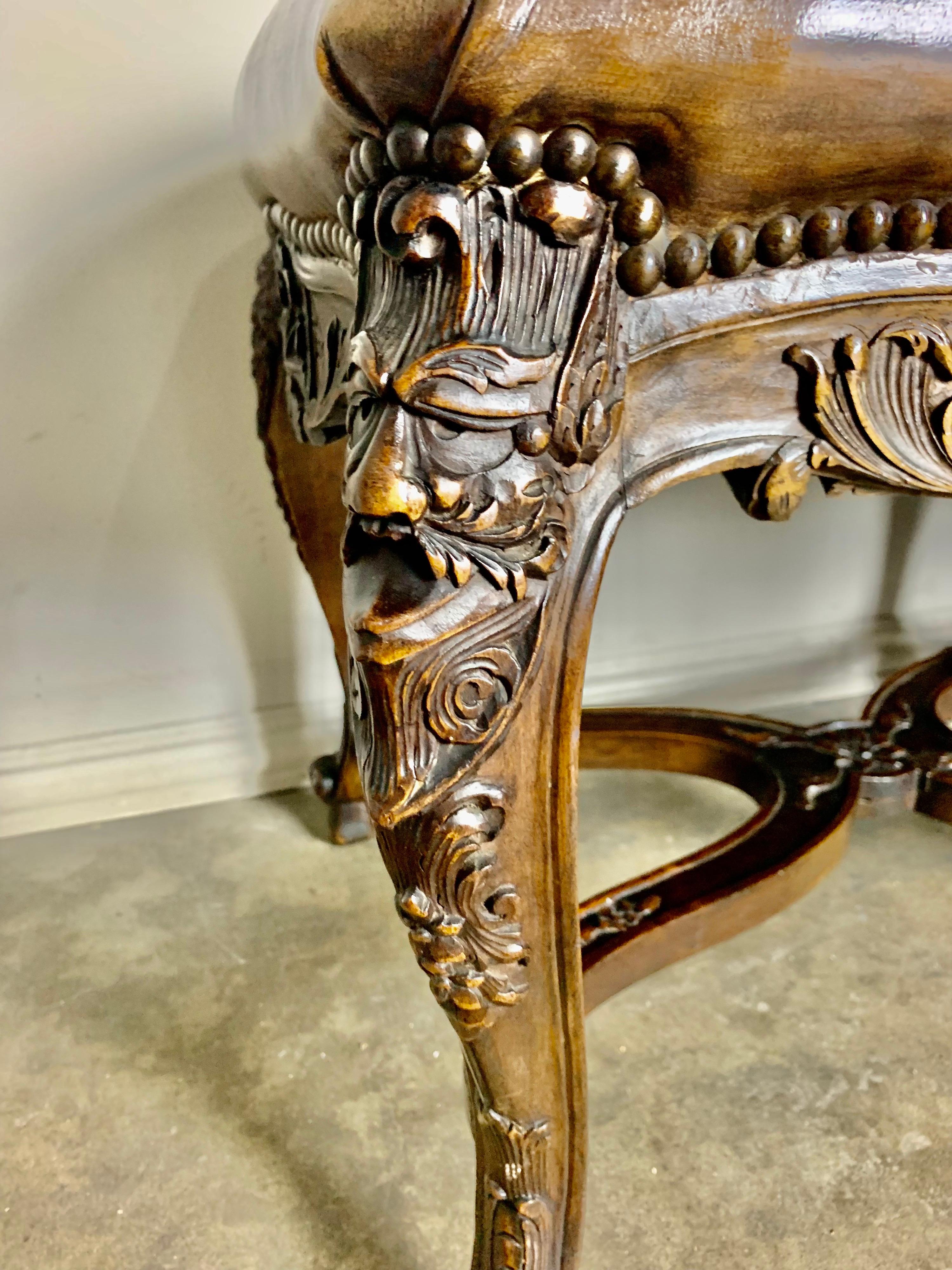 Six Legged French Carved Leather Bench C. 1900's 1