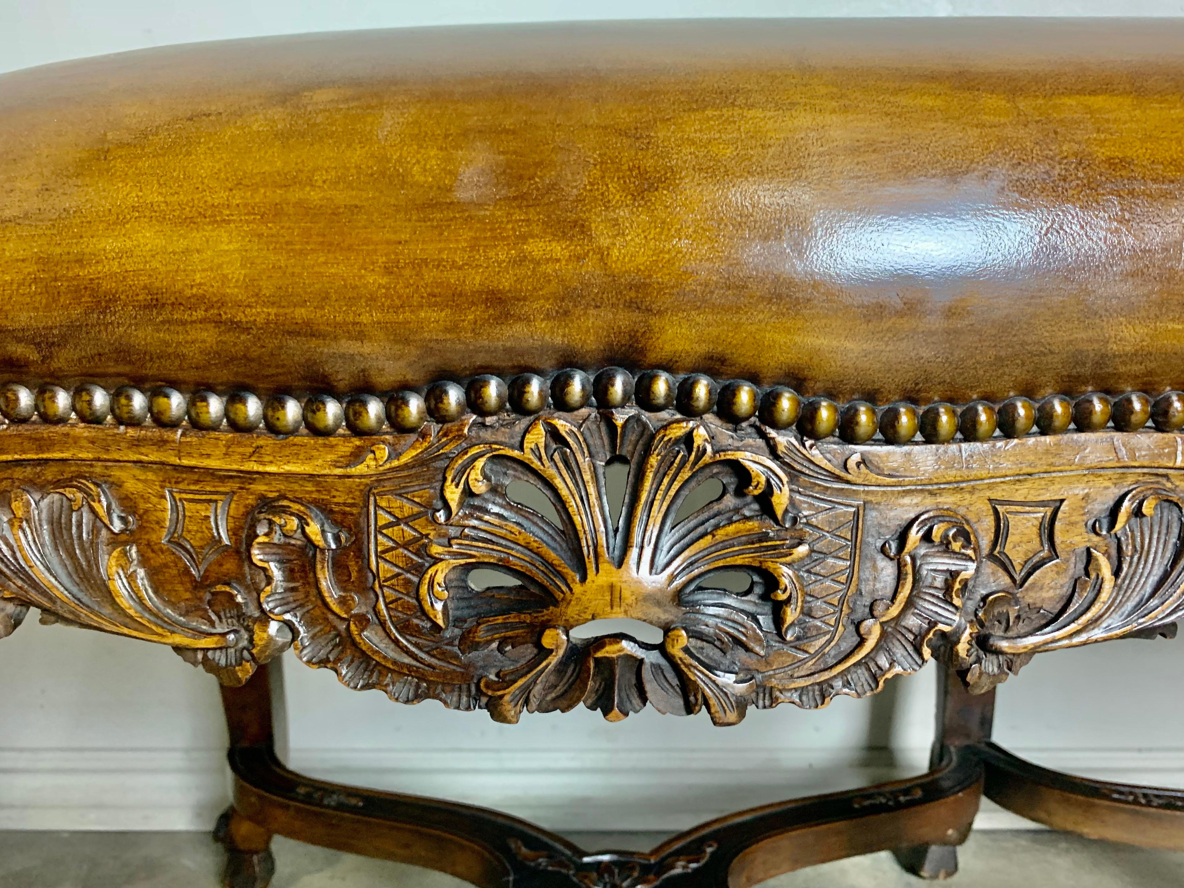 Six Legged French Carved Leather Bench C. 1900's 2