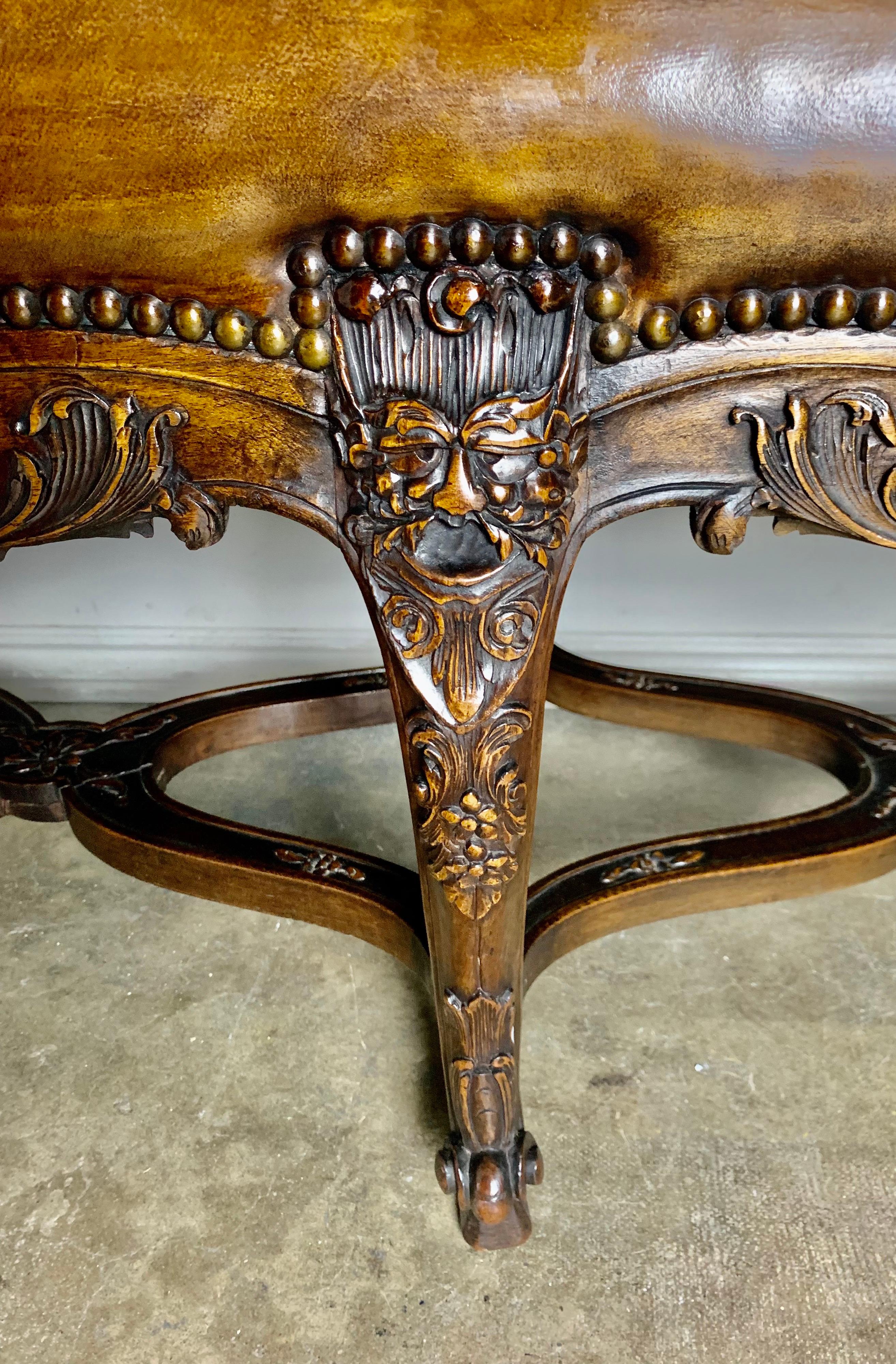 Six Legged French Carved Leather Bench C. 1900's 3