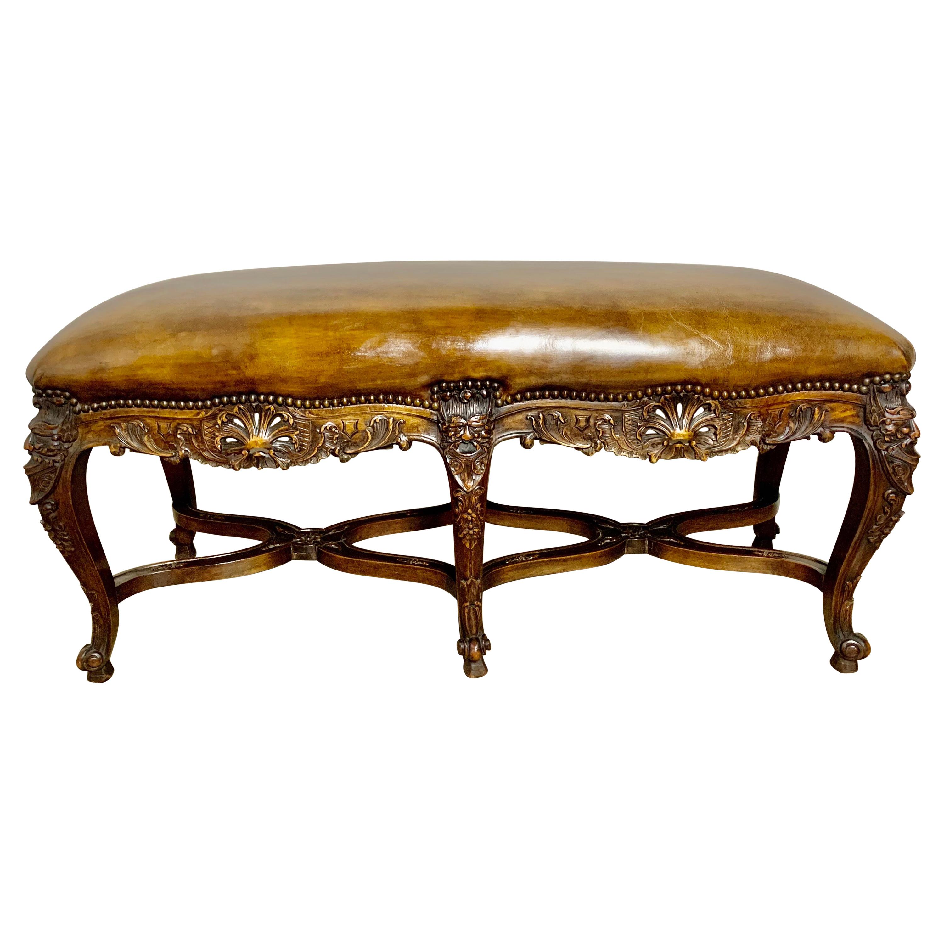 Six Legged French Carved Leather Bench C. 1900's