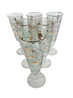 Six Libbey Atomic Style Pilsner Glasses in the Marine Life Pattern