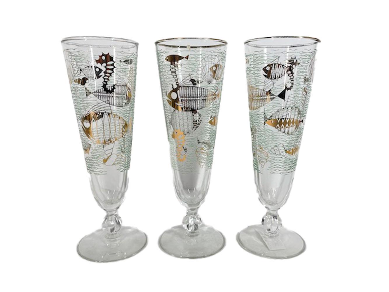 Mid-Century Modern Six Libbey Atomic Style Pilsner Glasses in the Marine Life Pattern