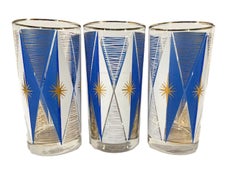 Six Libbey Glass Atomic Period Highball Glasses in Blue & White with 22k Gold