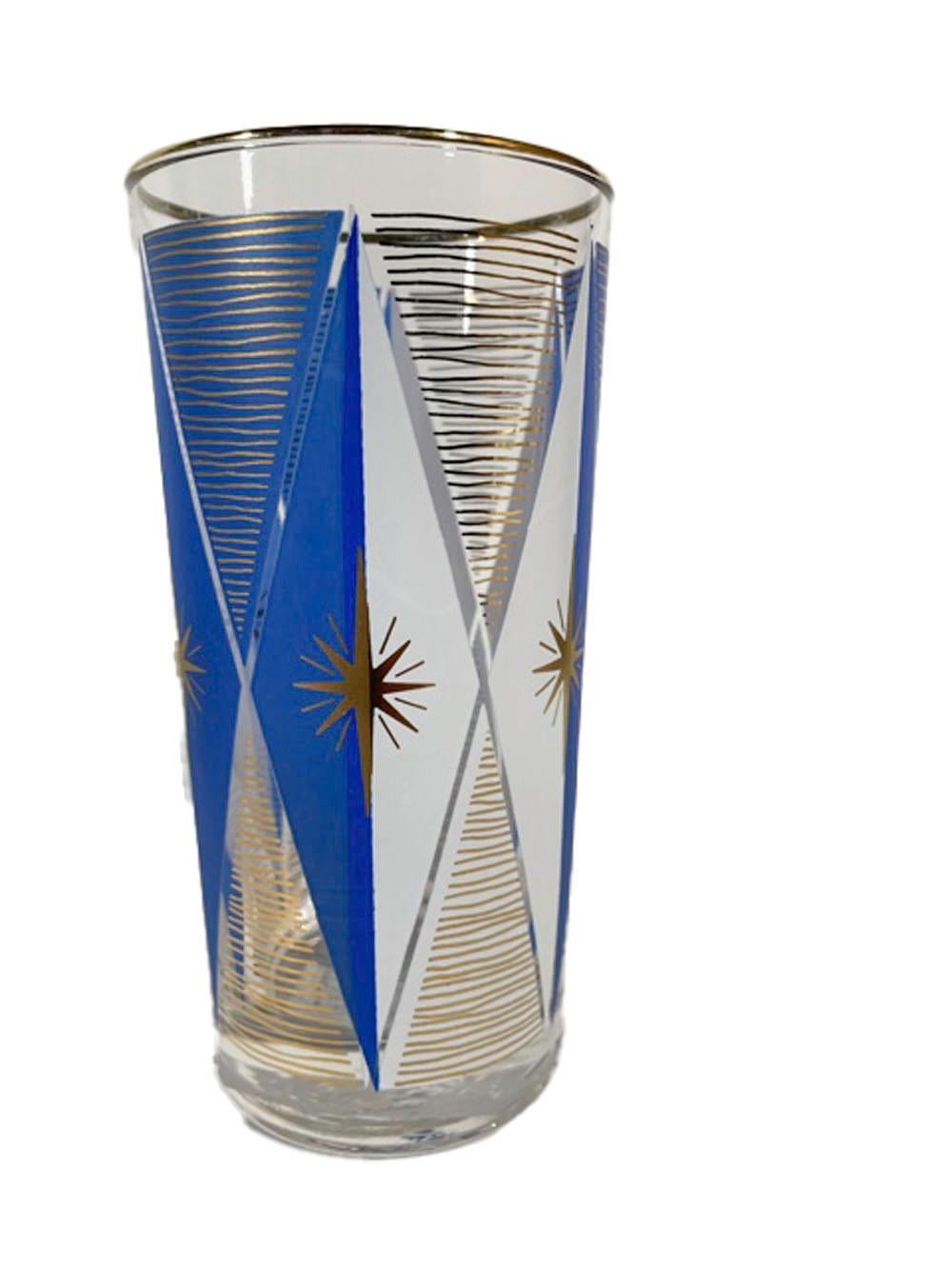 Mid-Century Modern Six Libbey Glass Atomic Period Highball Glasses in Blue & White with 22k Gold