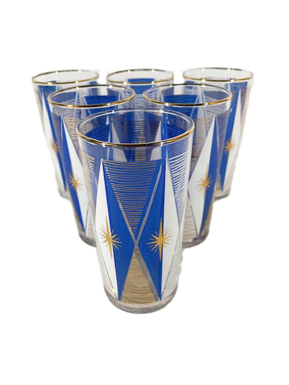 Six Libbey Glass Atomic Period Highball Glasses in Blue & White with 22k Gold In Good Condition In Nantucket, MA