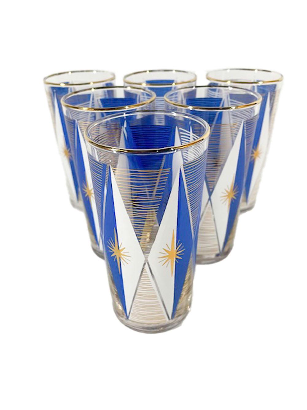 20th Century Six Libbey Glass Atomic Period Highball Glasses in Blue & White with 22k Gold
