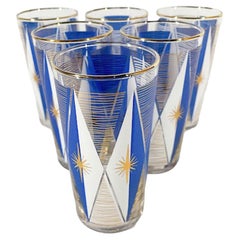 Six verres longs en verre Libbey d'époque atomique bleu et blanc avec or 22 carats