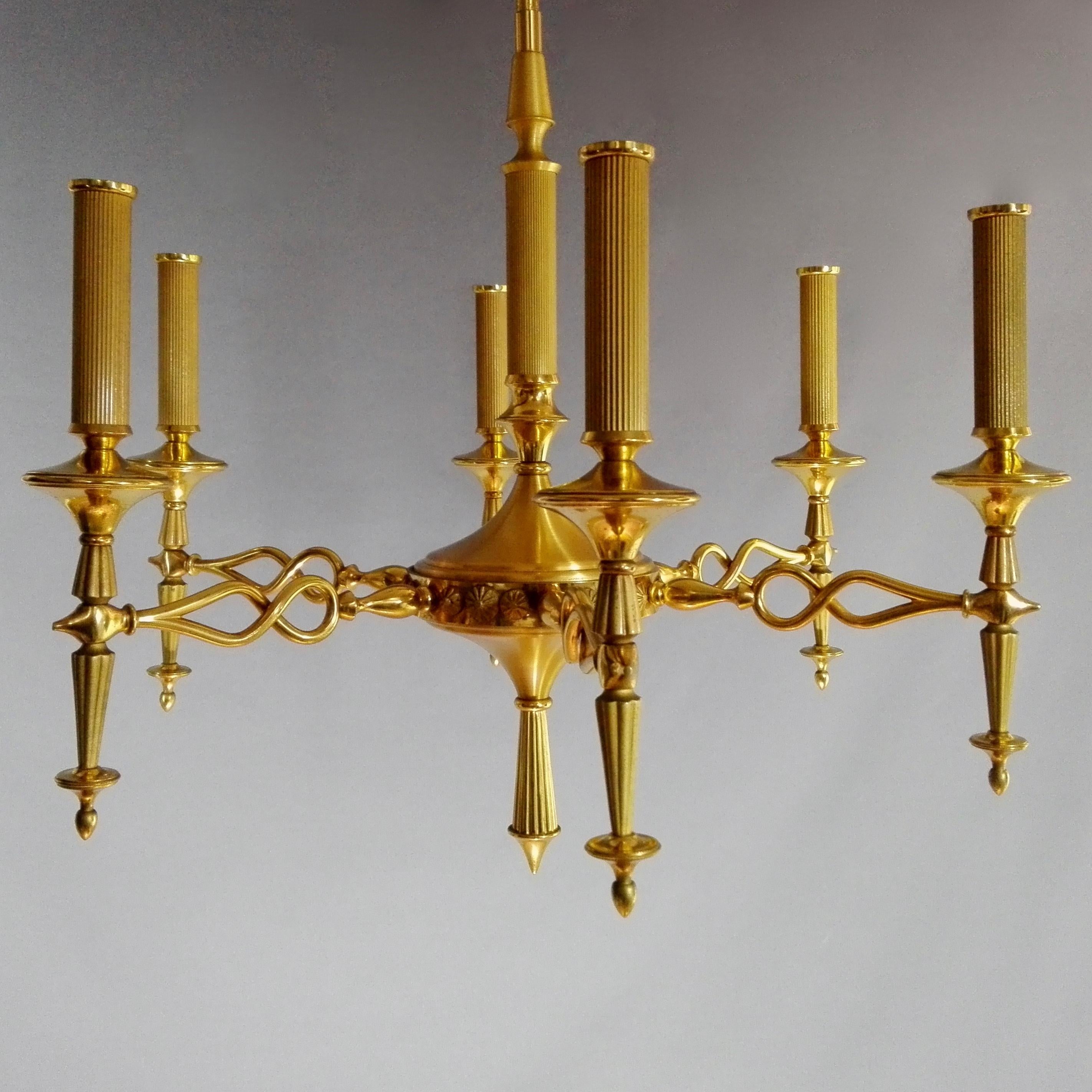 Mid-Century Modern Lumi Milano marked Six-Light Brass Chandelier attributable to Oscar Torlasco. 