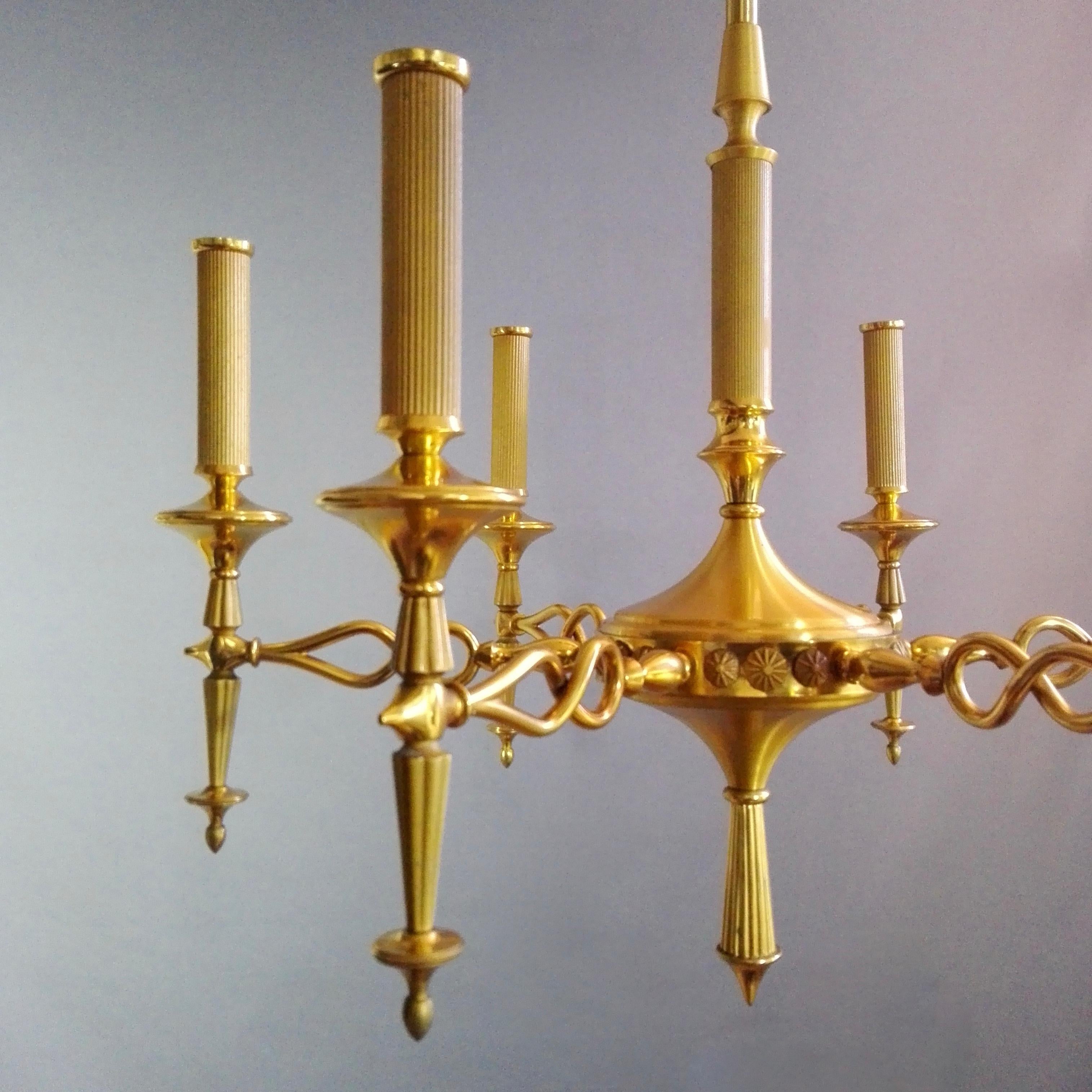 Gilt Lumi Milano marked Six-Light Brass Chandelier attributable to Oscar Torlasco.  For Sale