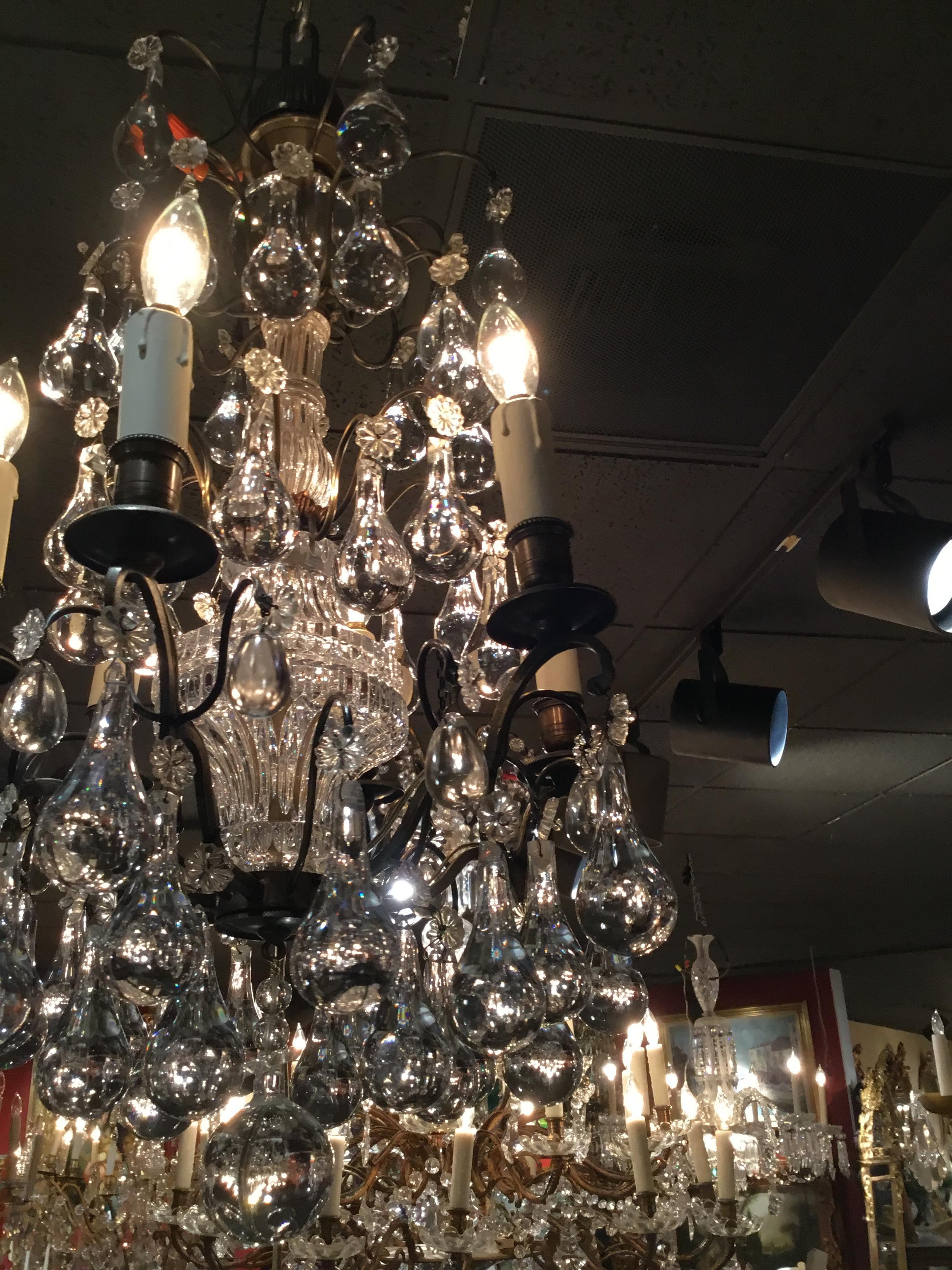 French Six Light Antique Bronze and Crystal Chandelier with Six Lights For Sale