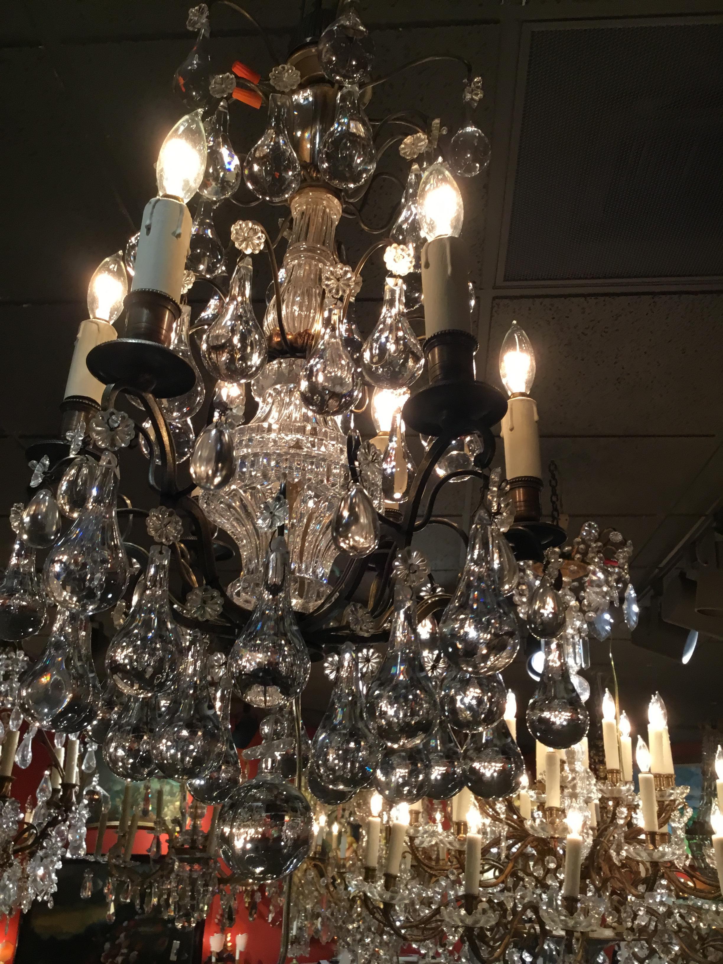 Six Light Antique Bronze and Crystal Chandelier with Six Lights In Good Condition For Sale In Houston, TX