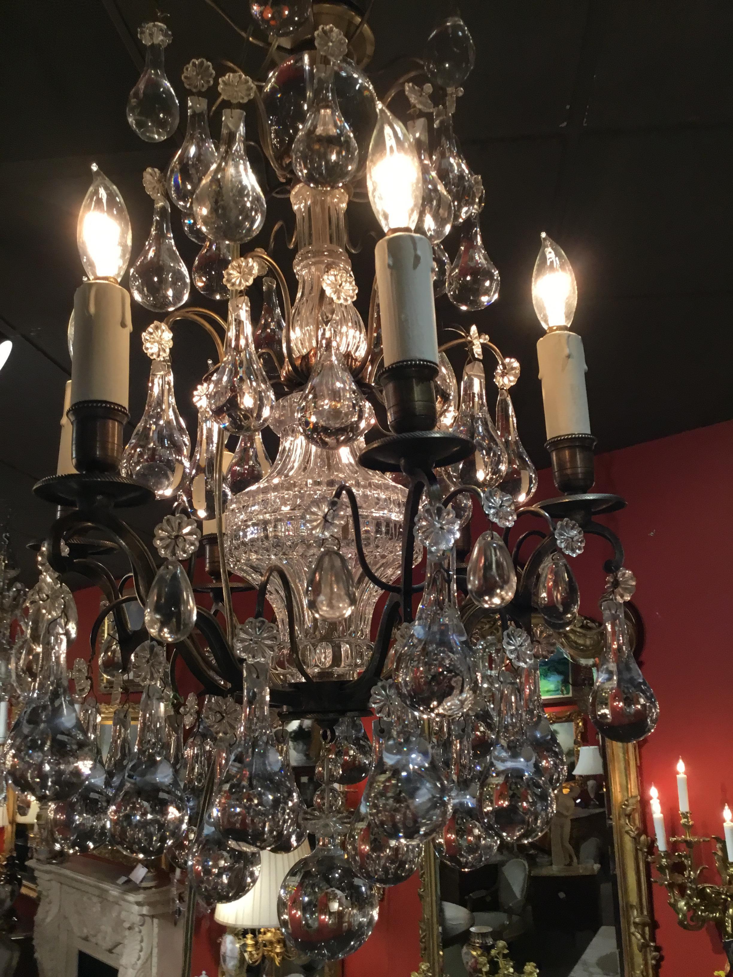 20th Century Six Light Antique Bronze and Crystal Chandelier with Six Lights For Sale