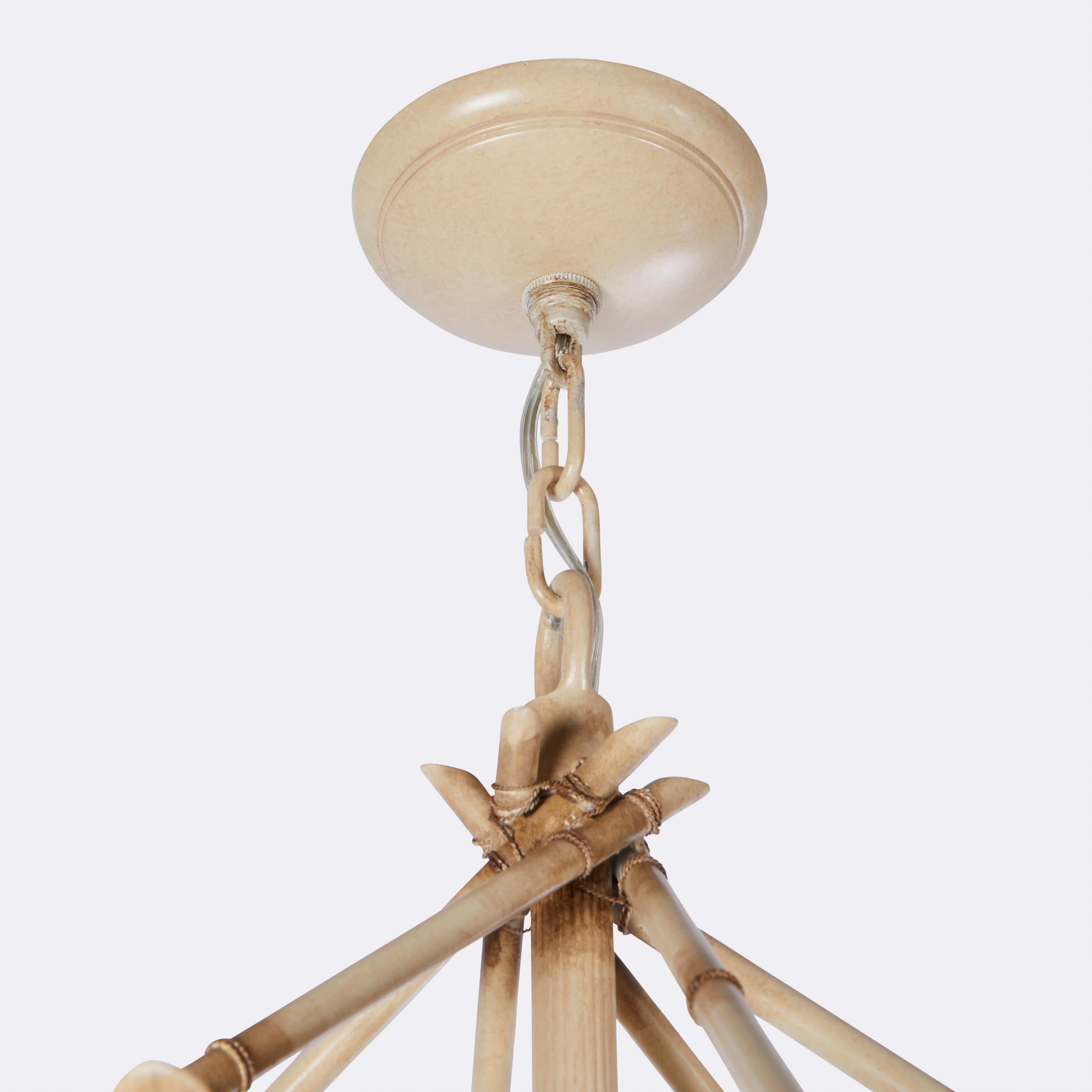 American Six Light Bamboo Brûlé Chandelier Ceiling Light, Hand Painted Faux Bamboo For Sale
