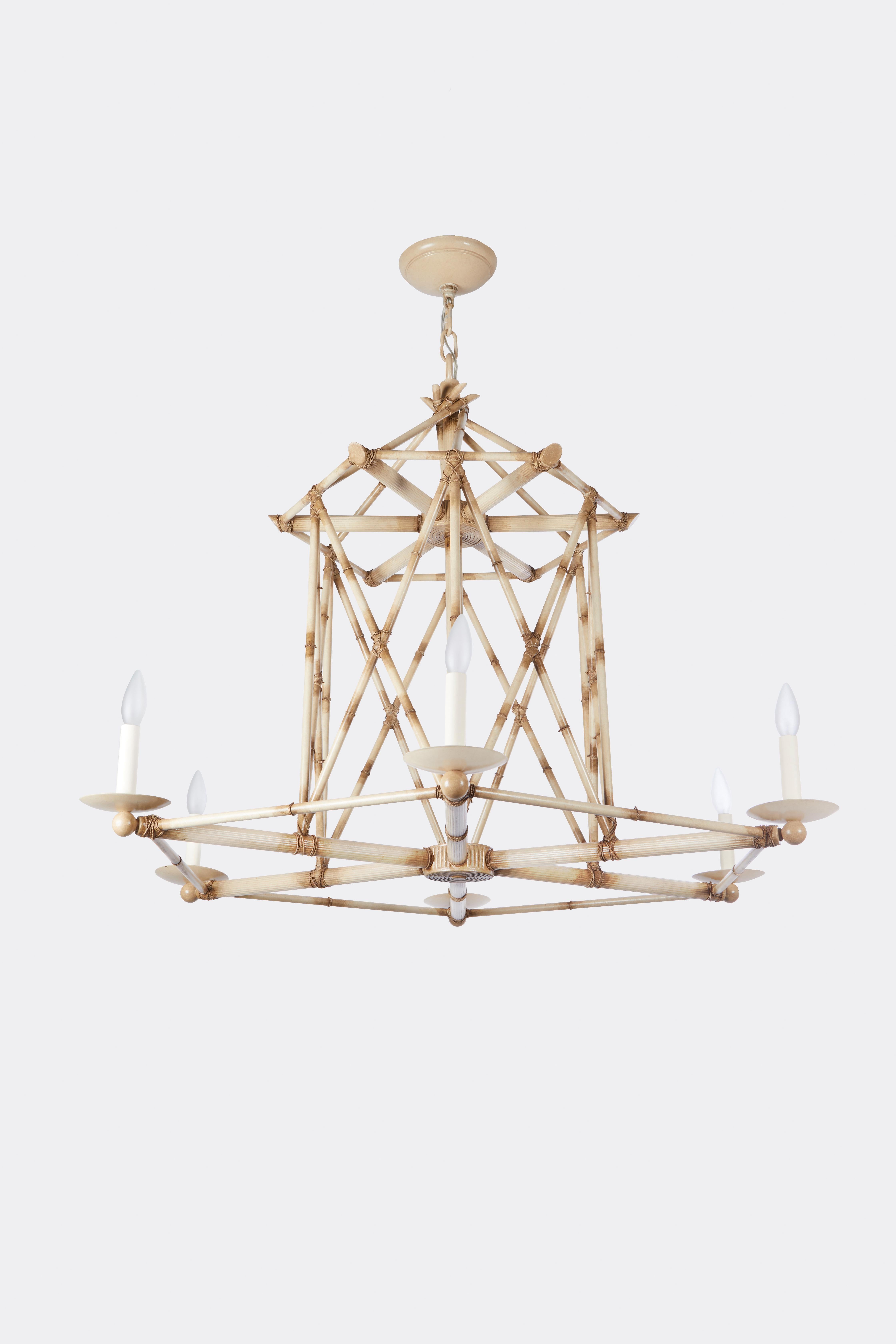 Six Light Bamboo Brûlé Chandelier Ceiling Light, Hand Painted Faux Bamboo In New Condition For Sale In New York, NY