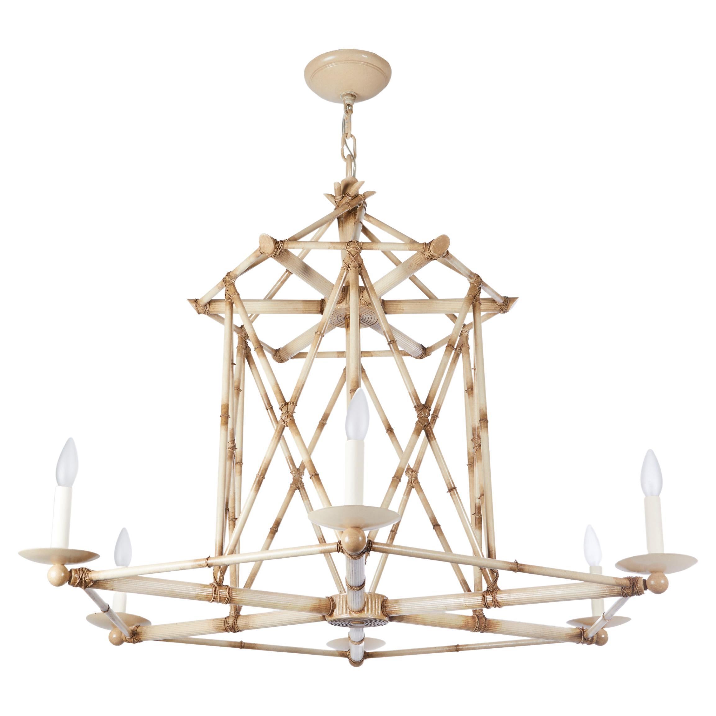 Six Light Bamboo Brûlé Chandelier Ceiling Light, Hand Painted Faux Bamboo For Sale