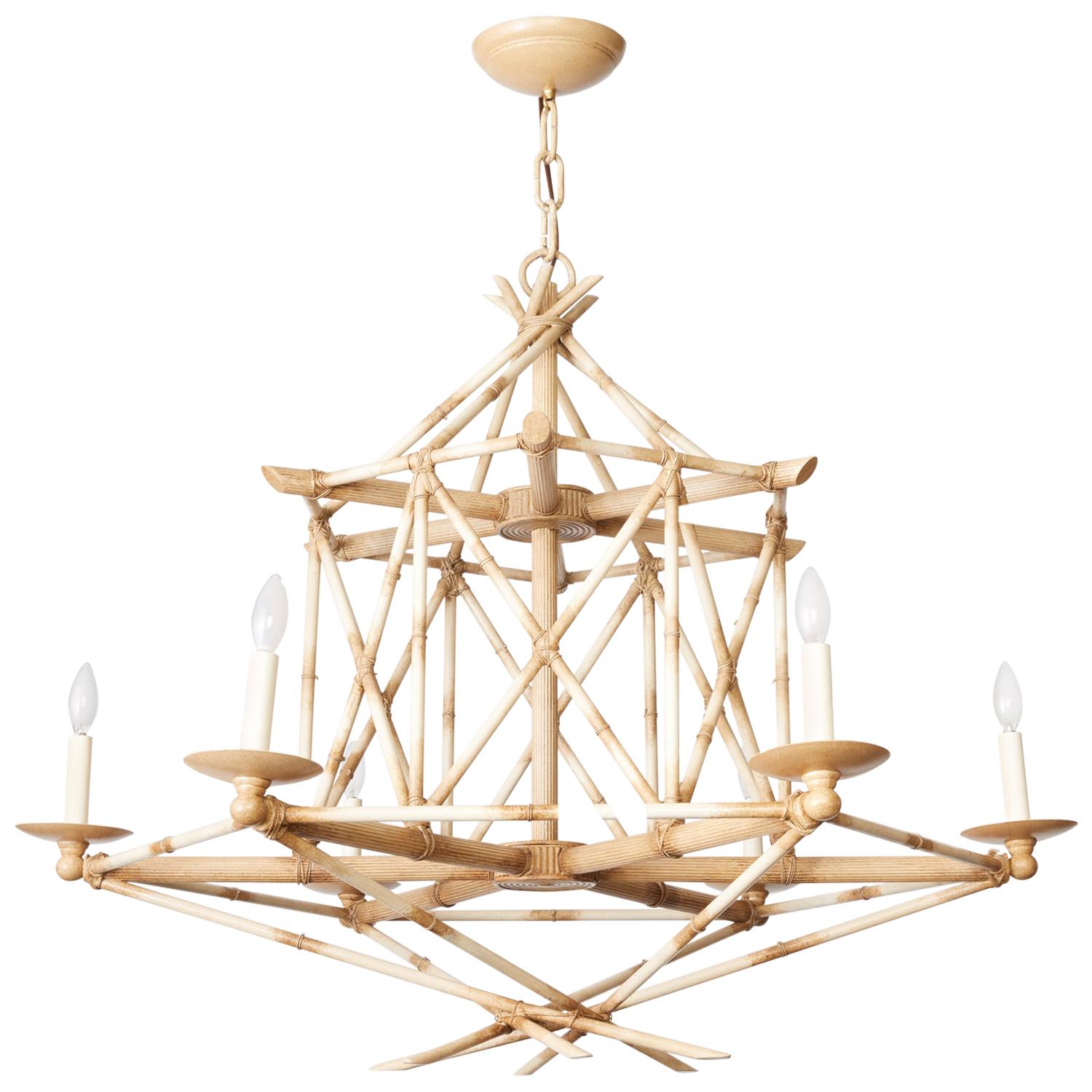Six Light Bamboo Brûlé Chandelier Ceiling Light, Hand Painted Faux Bamboo For Sale