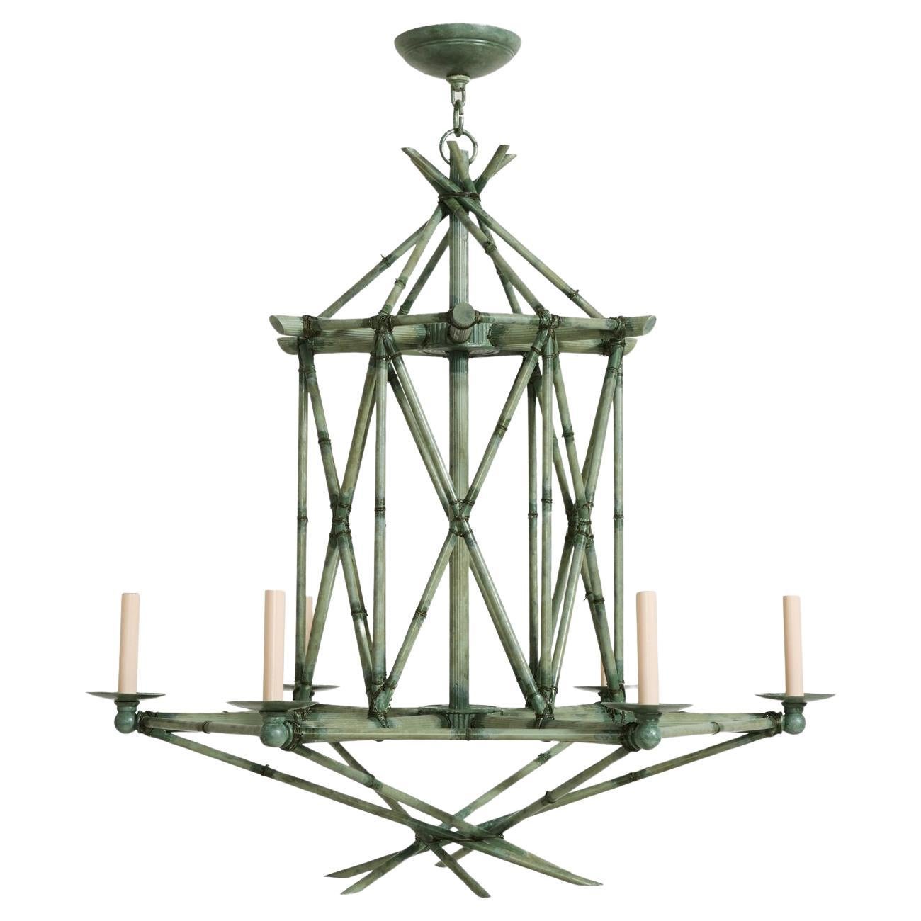 Six-Light Bamboo Brûle Chandelier in Green by David Duncan Studio