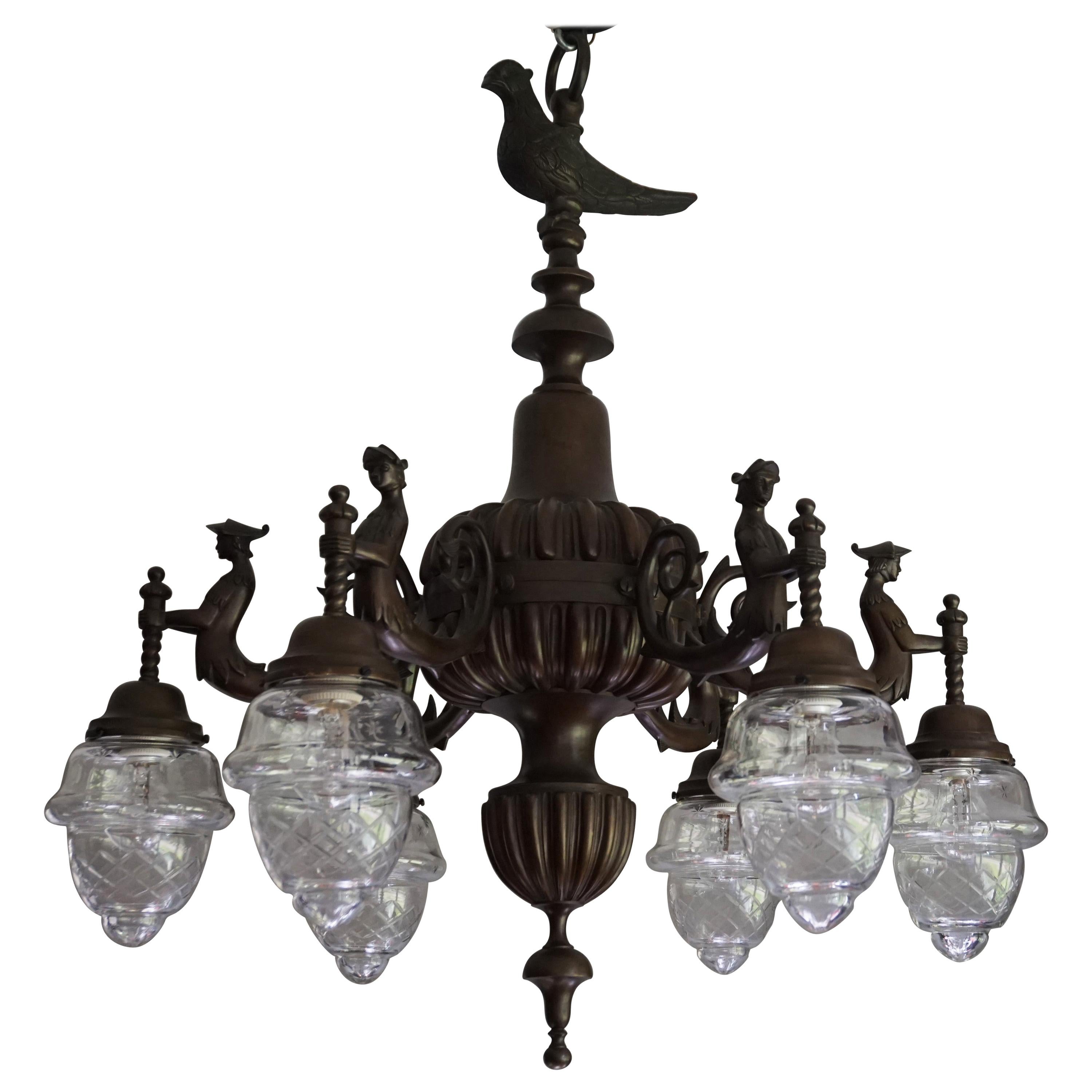 Large Six-Light Bronze Chandelier with Folkore or Fable Hybrid Guard Sculptures