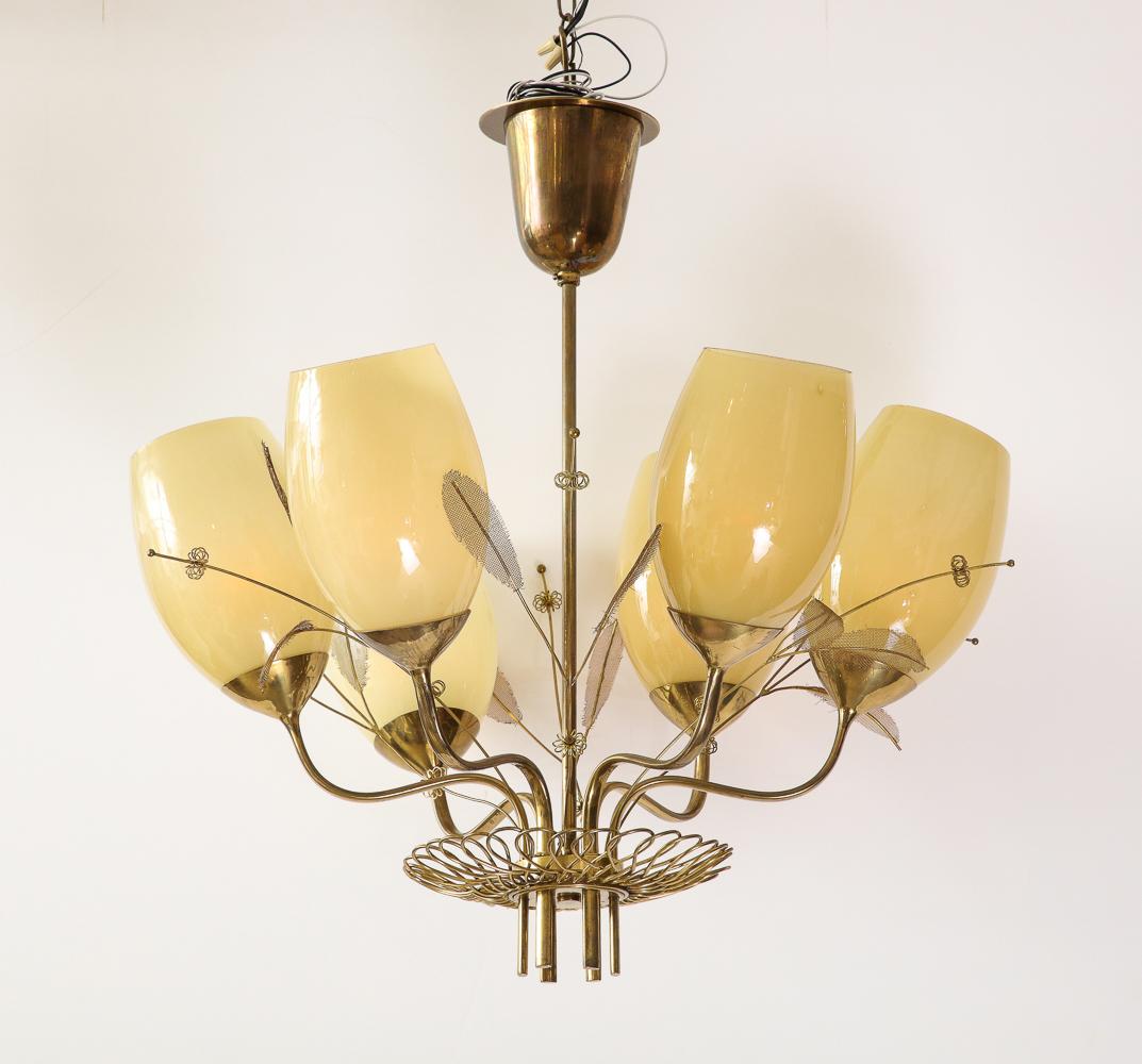 Brass Six Light Ceiling Fixture by Paavo Tynell For Sale