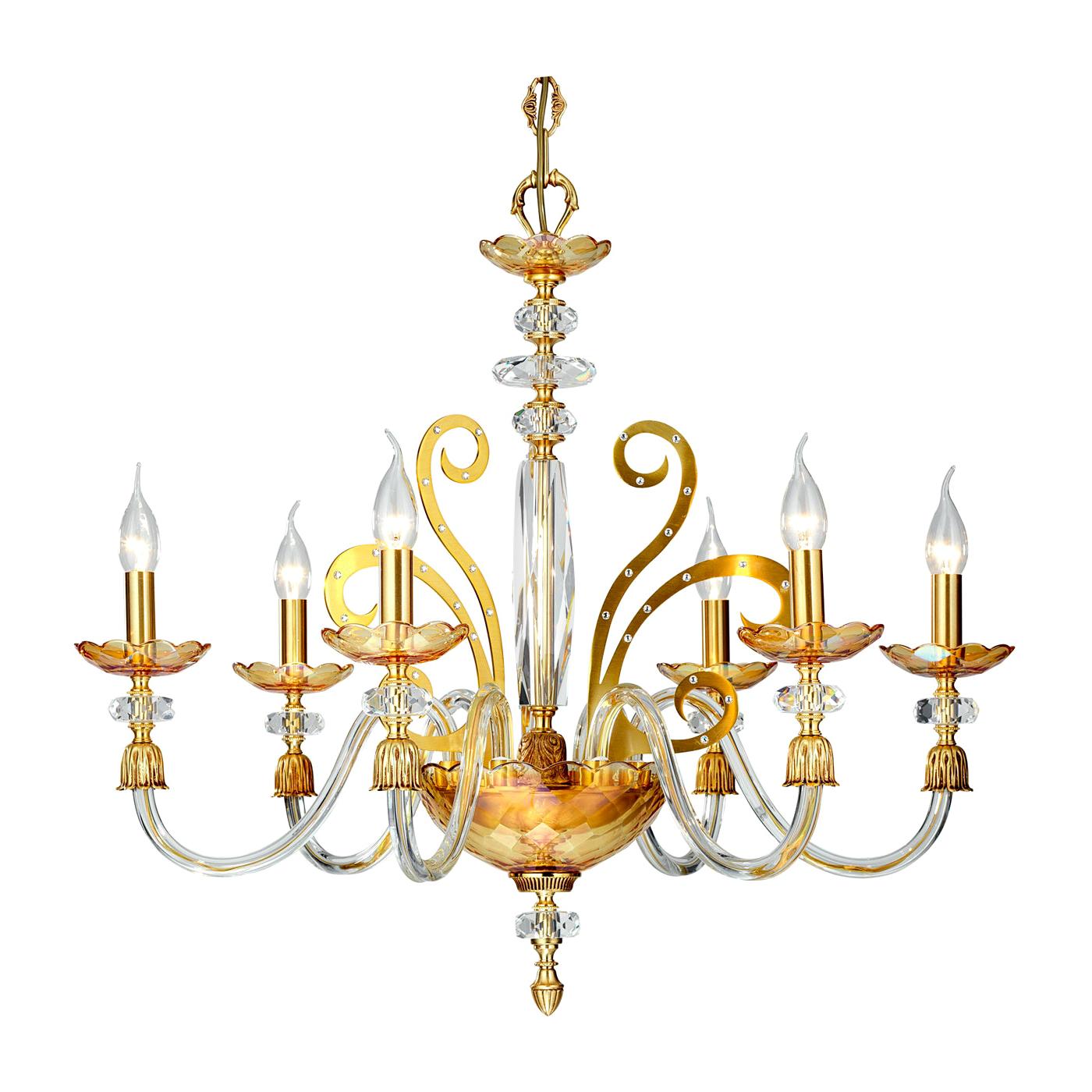 Six-Light Chandelier in Glass and Gold