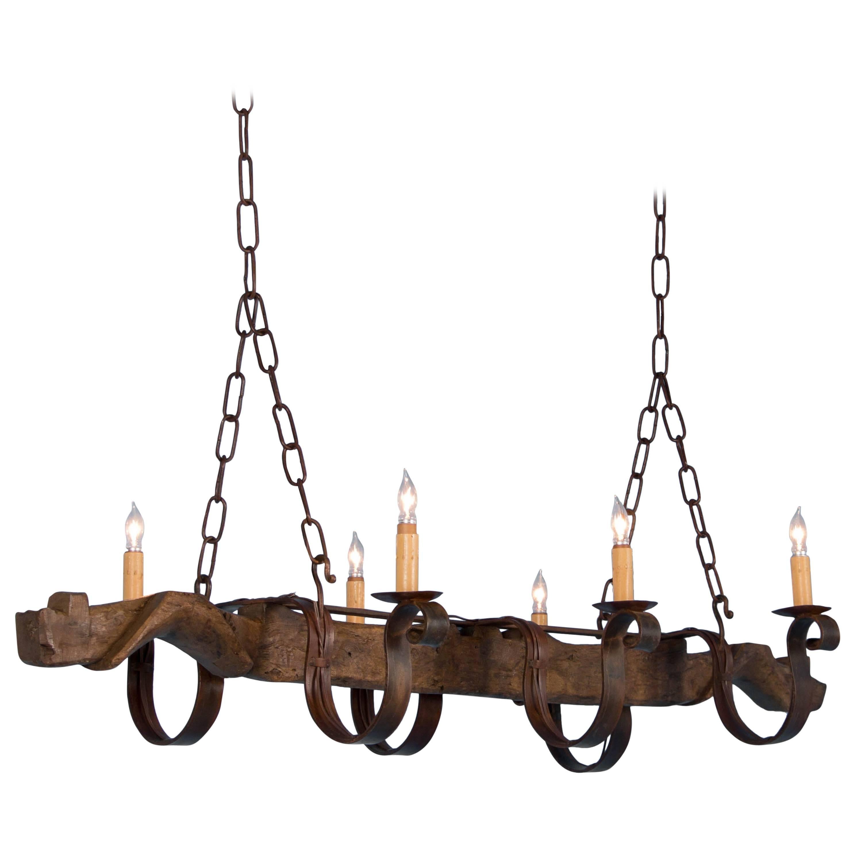 Six-Light Chandelier Made from Vintage Ox Yoke