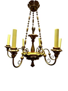 Six Light White & Gilt Wood Hollywood Regency Vienna Chandelier Tole, Austria