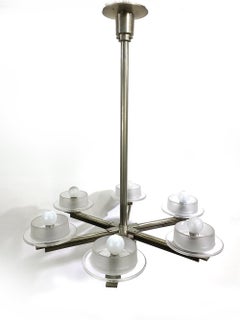 Six-Light Chrome Metal Chandelier with Glass Shades circa 70s