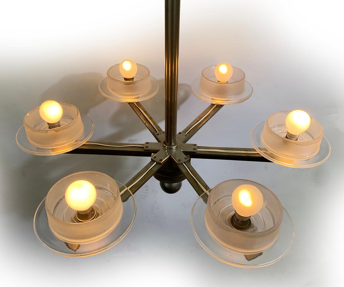 Six-Light Chrome Metal Chandelier with Glass Shades circa 70s For Sale 1
