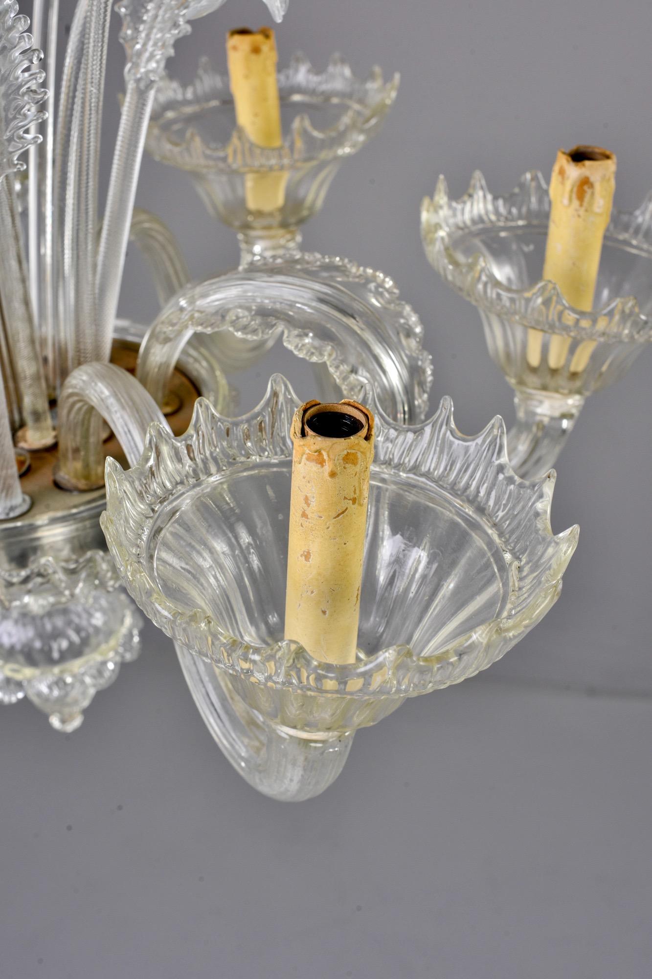 Metal Six-Light Clear Venetian Glass Daffodil Chandelier