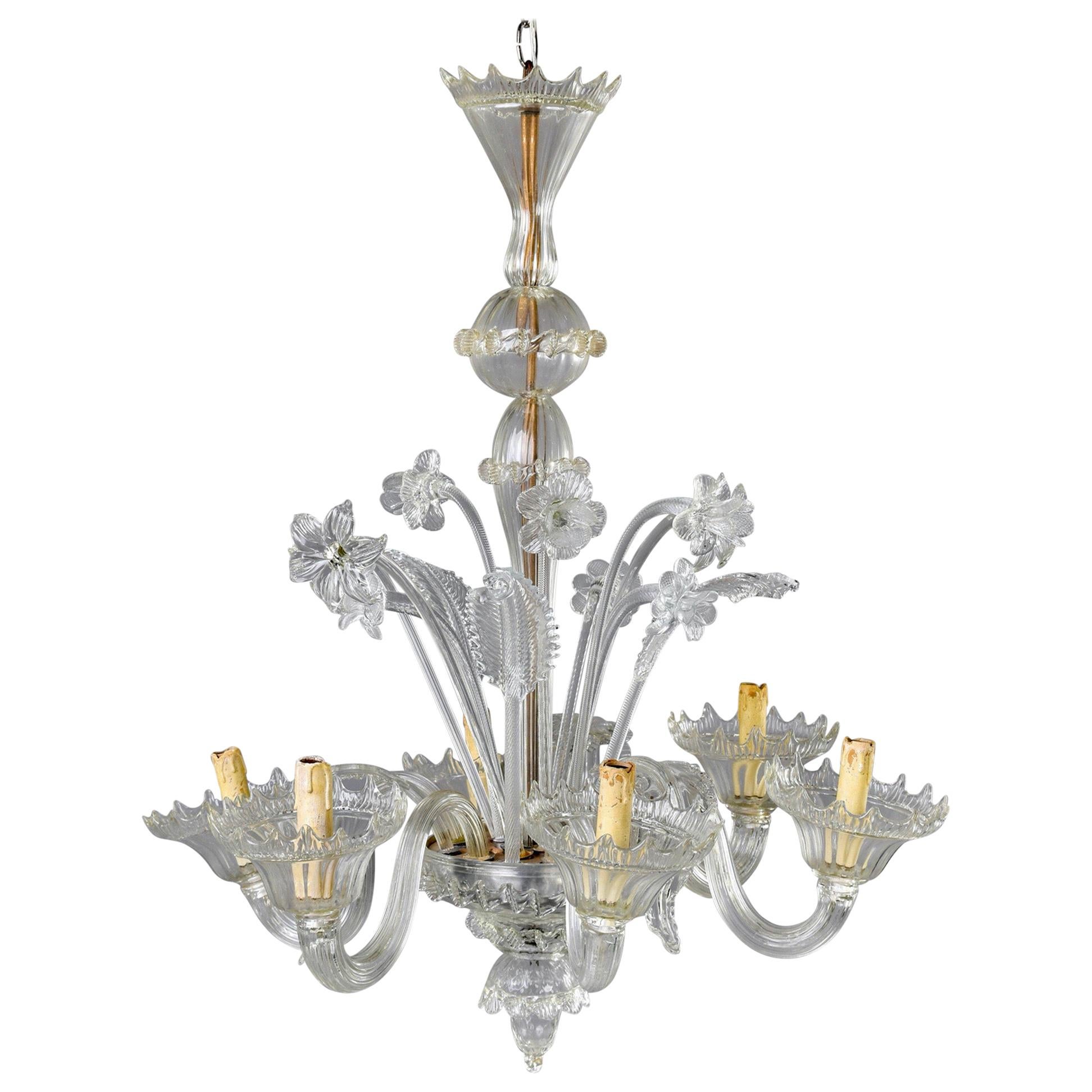 Six-Light Clear Venetian Glass Daffodil Chandelier