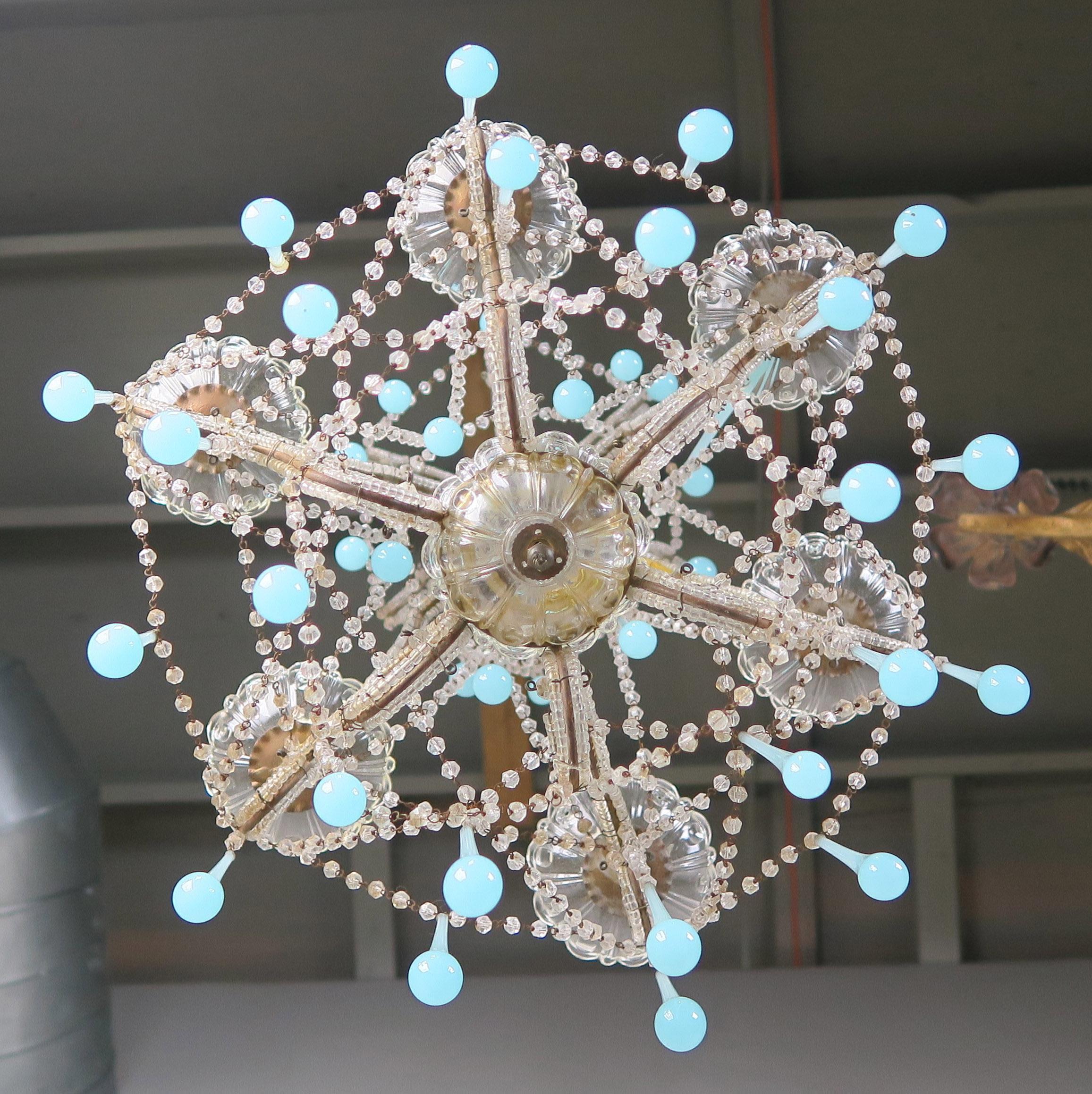 Six Light Crystal Beaded Chandelier with Aqua Drops, circa 1930s 2
