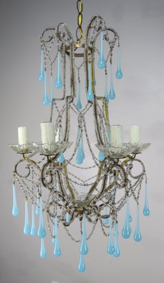 Six Light Crystal Beaded Chandelier with Aqua Drops, circa 1930s