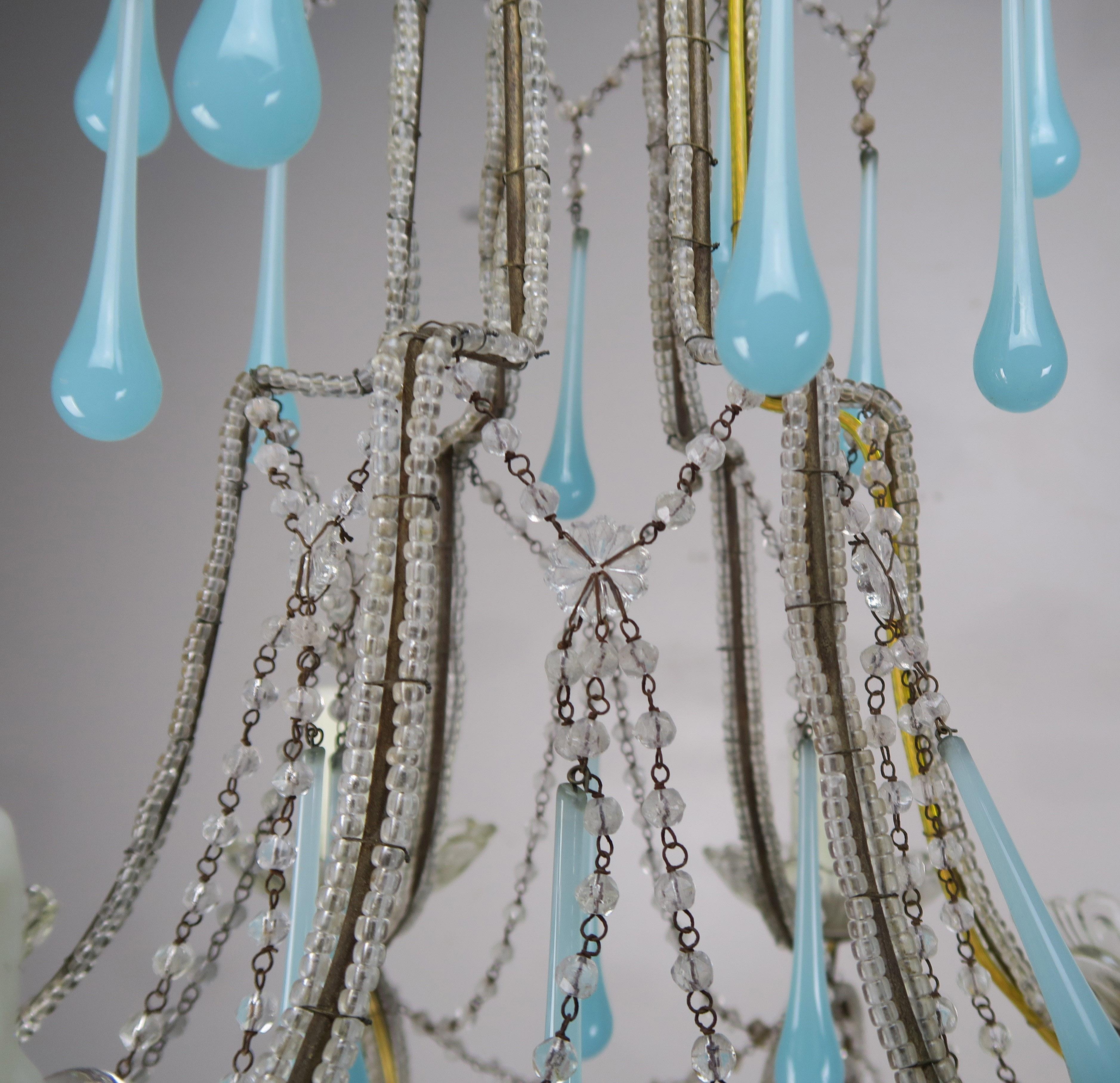Italian Six Light Crystal Beaded Chandelier with Aqua Drops, circa 1930s