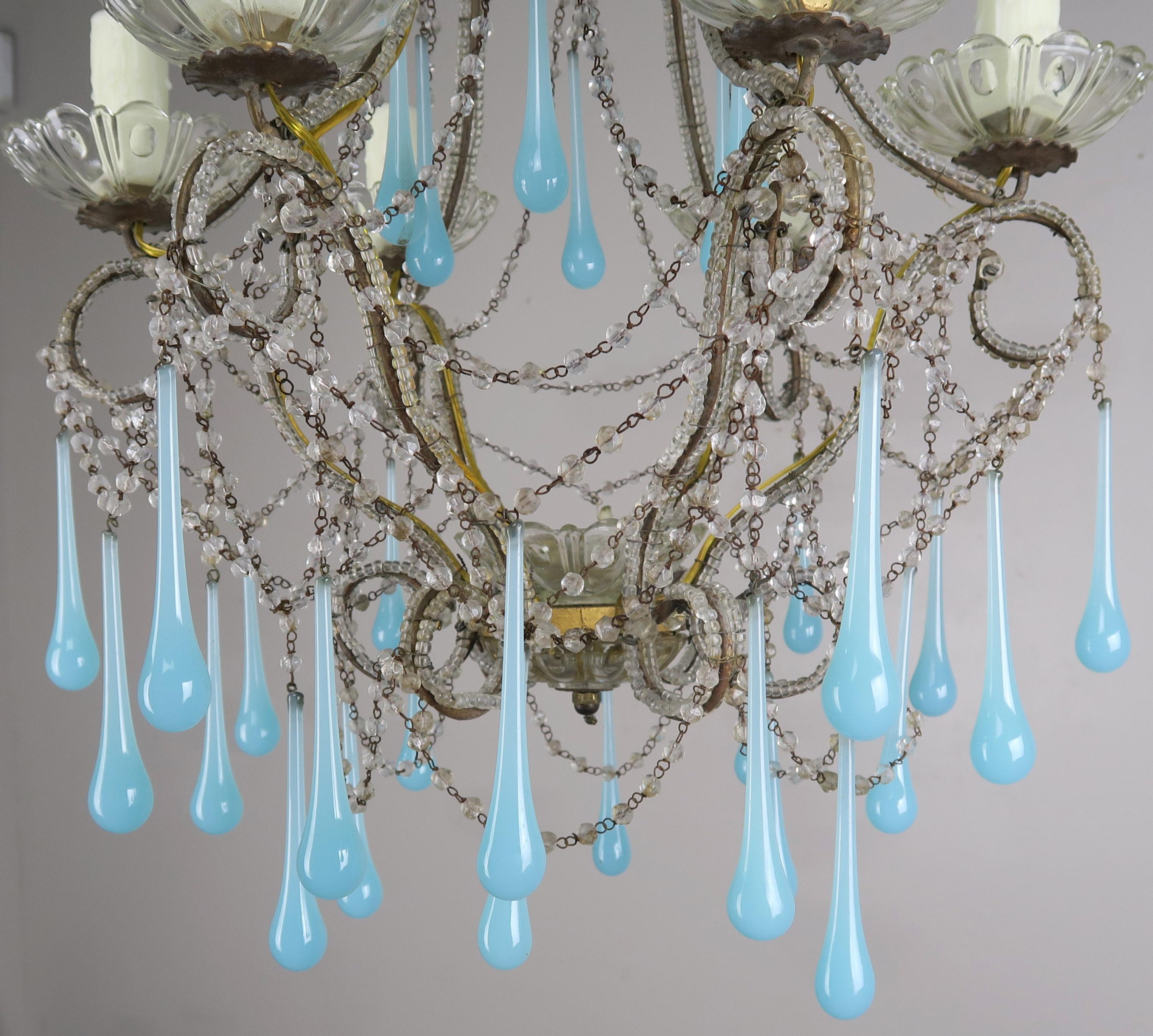 Six Light Crystal Beaded Chandelier with Aqua Drops, circa 1930s In Good Condition In Los Angeles, CA