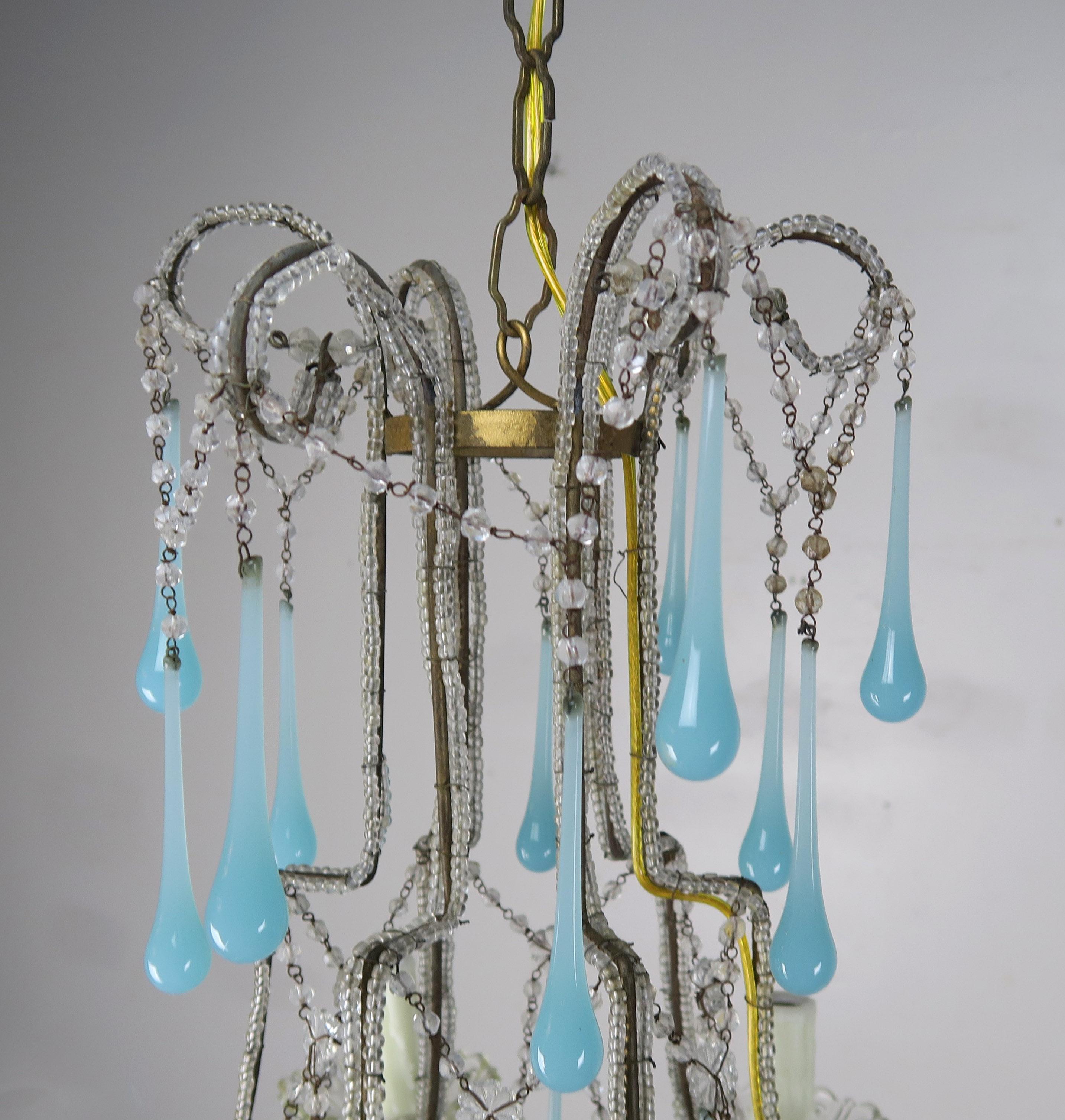 Mid-20th Century Six Light Crystal Beaded Chandelier with Aqua Drops, circa 1930s