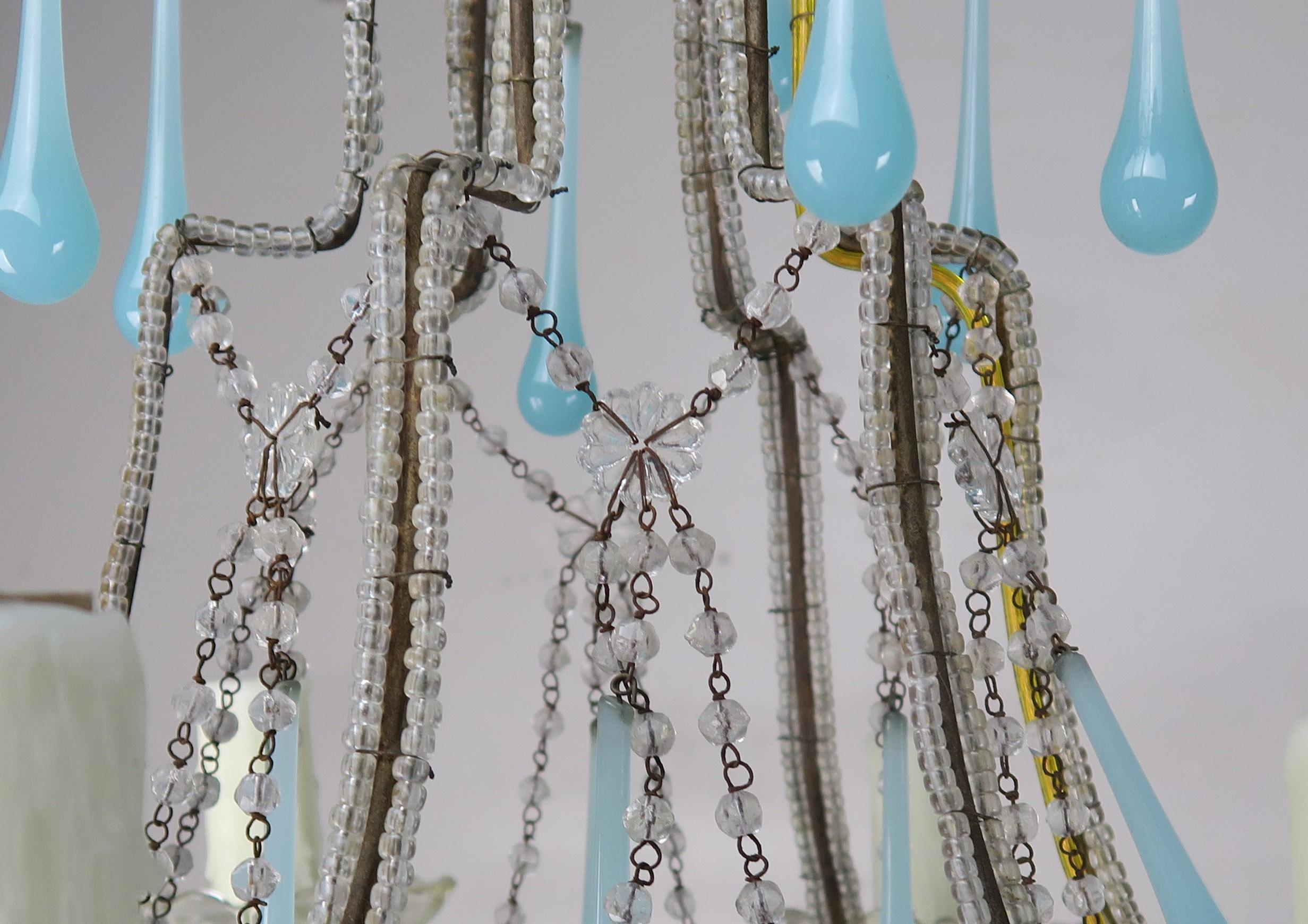 Metal Six Light Crystal Beaded Chandelier with Aqua Drops, circa 1930s