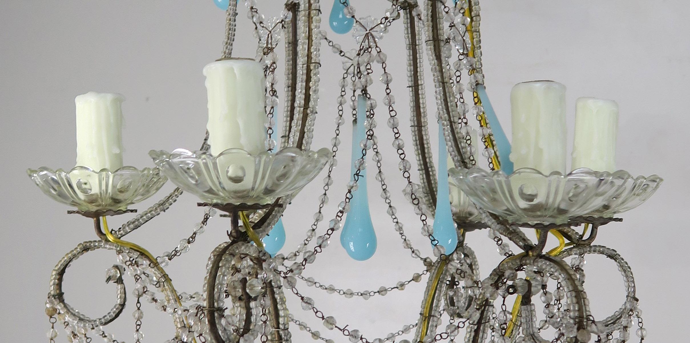 Six Light Crystal Beaded Chandelier with Aqua Drops, circa 1930s 1