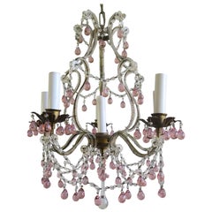 Six-Light Crystal Beaded Chandelier with Soft Pink Drops