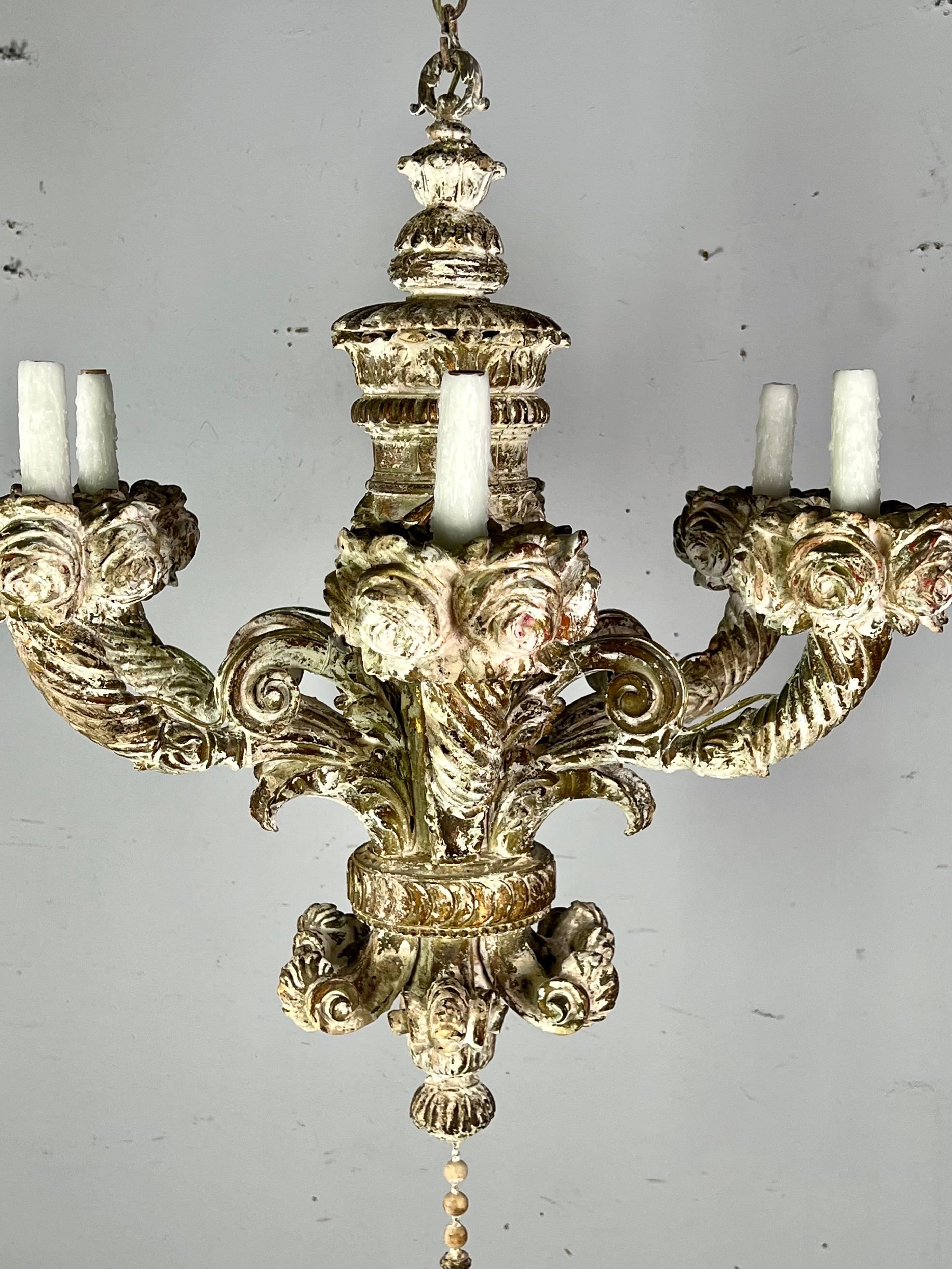 Rococo Six Light French Carved Wood Chandelier C. 1930's