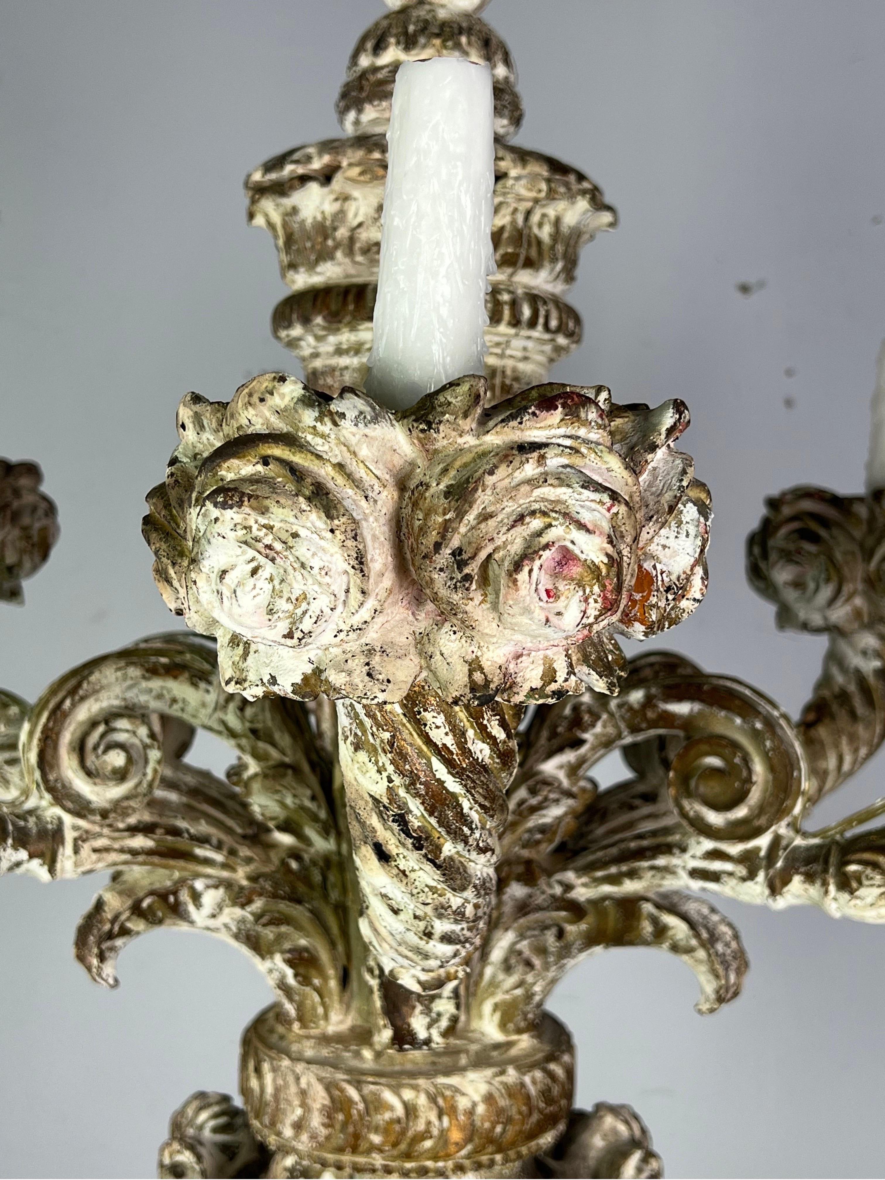 Painted Six Light French Carved Wood Chandelier C. 1930's