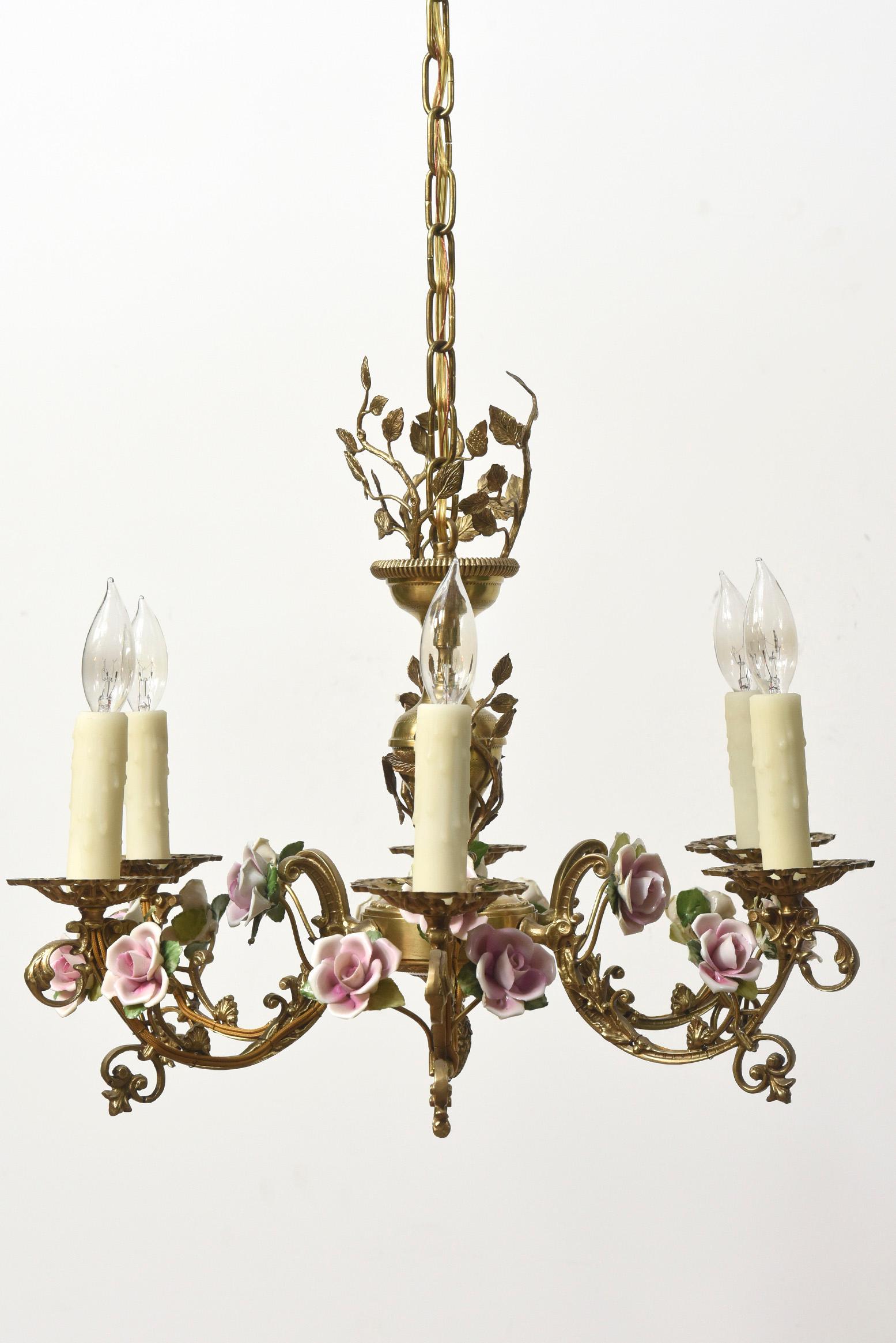 Six light French Chandelier with Porcelain Roses For Sale 4