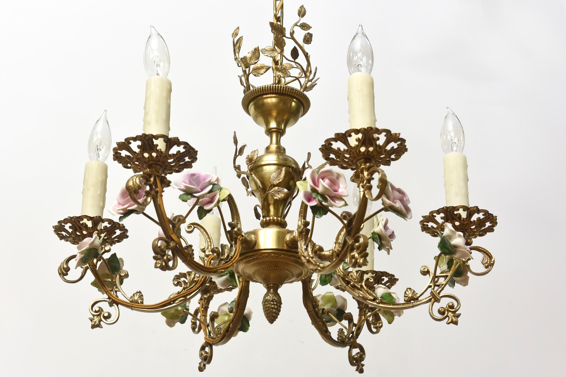 Six light French Chandelier with Porcelain Roses In Good Condition For Sale In Canton, MA