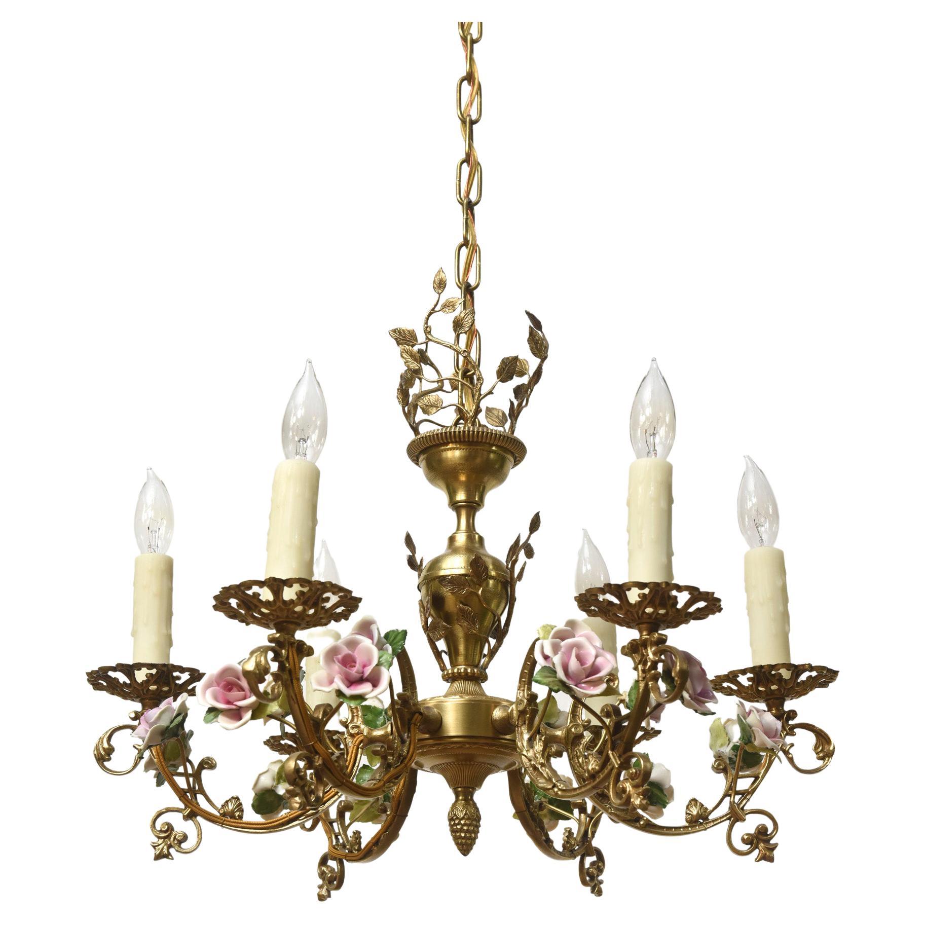 Six light French Chandelier with Porcelain Roses For Sale
