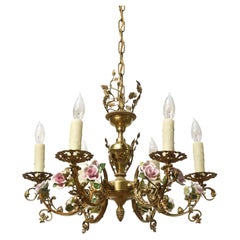 Antique Six light French Chandelier with Porcelain Roses