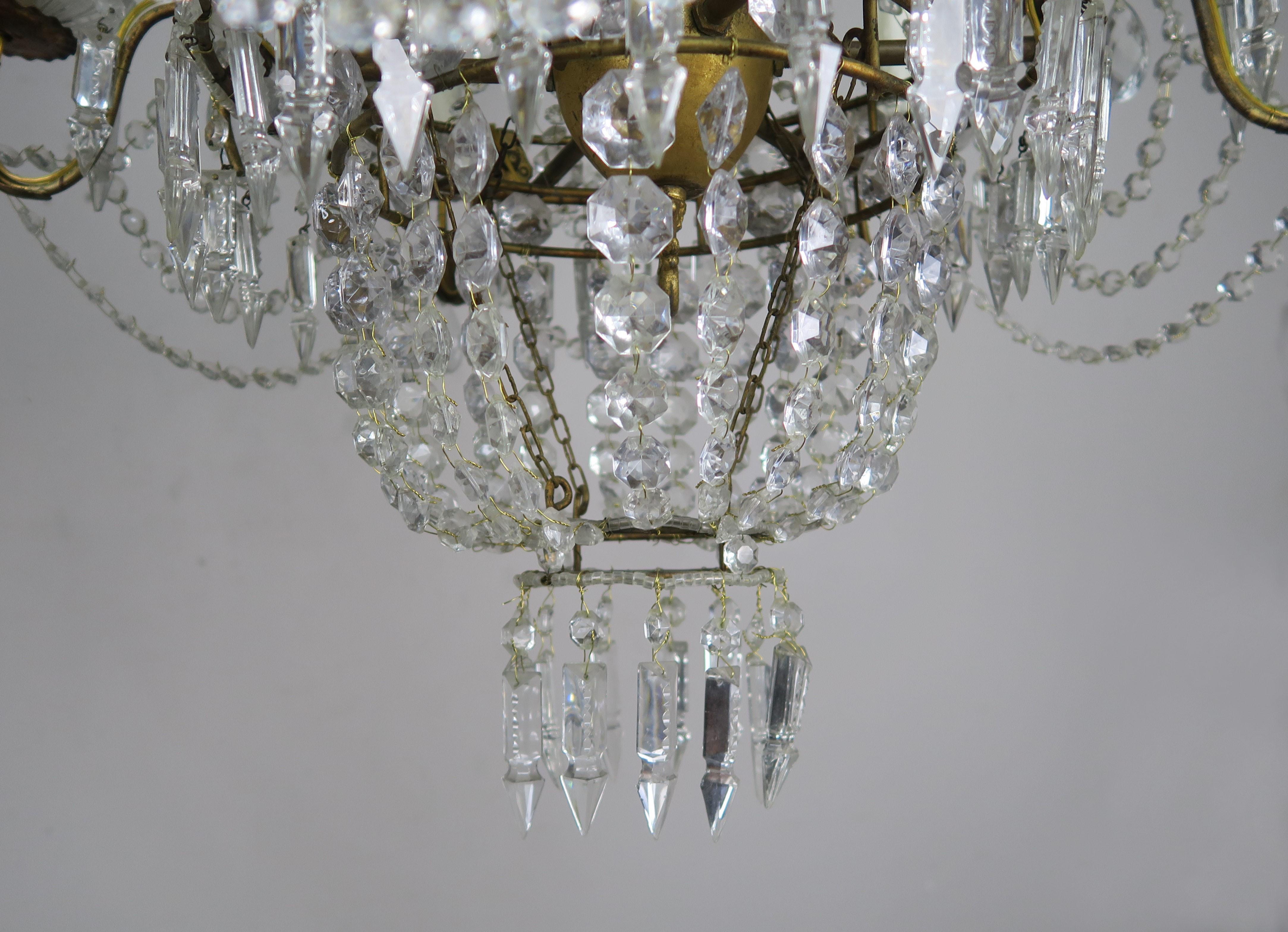 Six Light French Gilt Metal Crystal Beaded Chandelier, circa 1900s For Sale 1