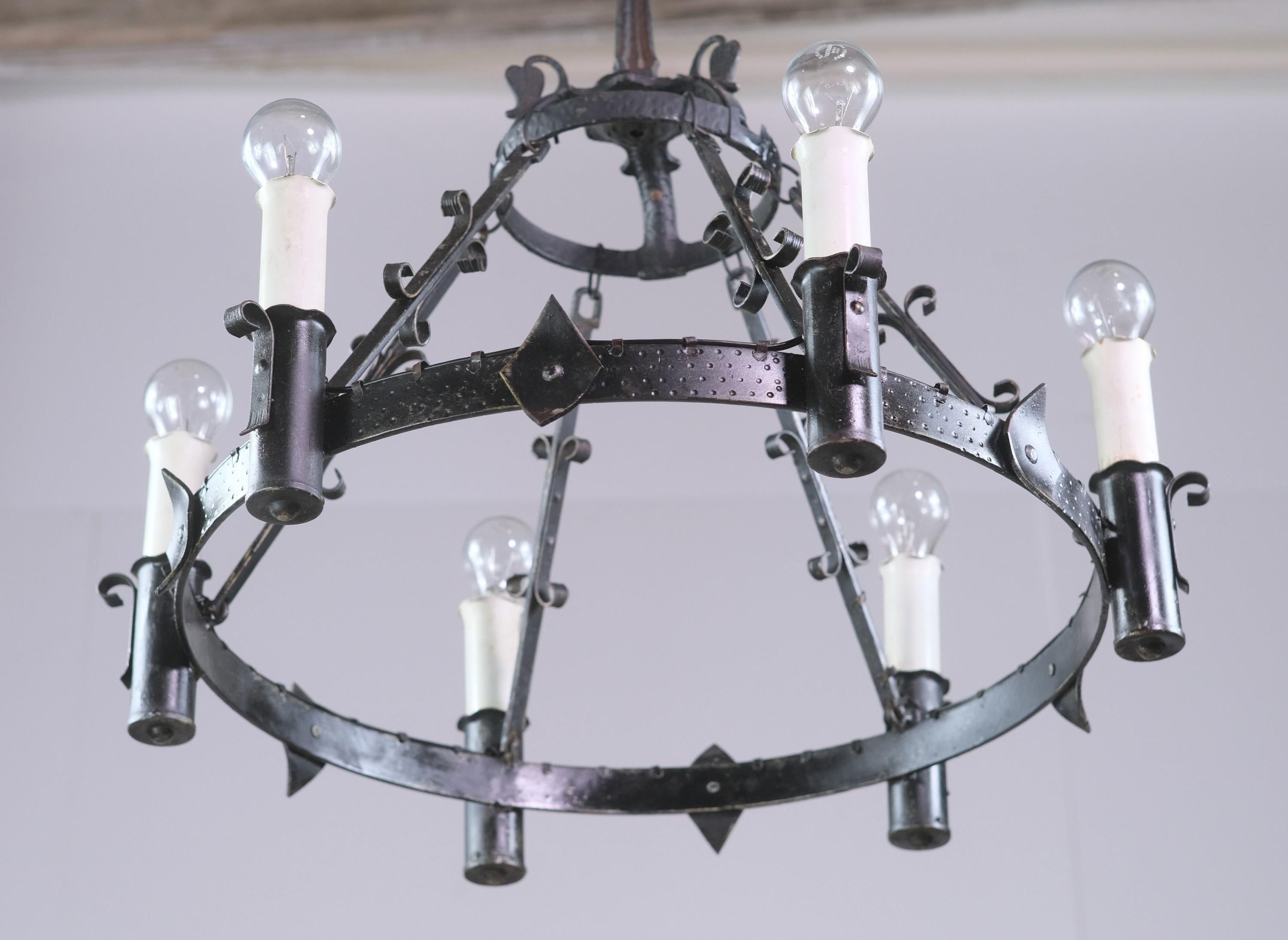 Six-Light Hammered Wrought Iron Chandelier, Arts & Crafts Tudor Style 1