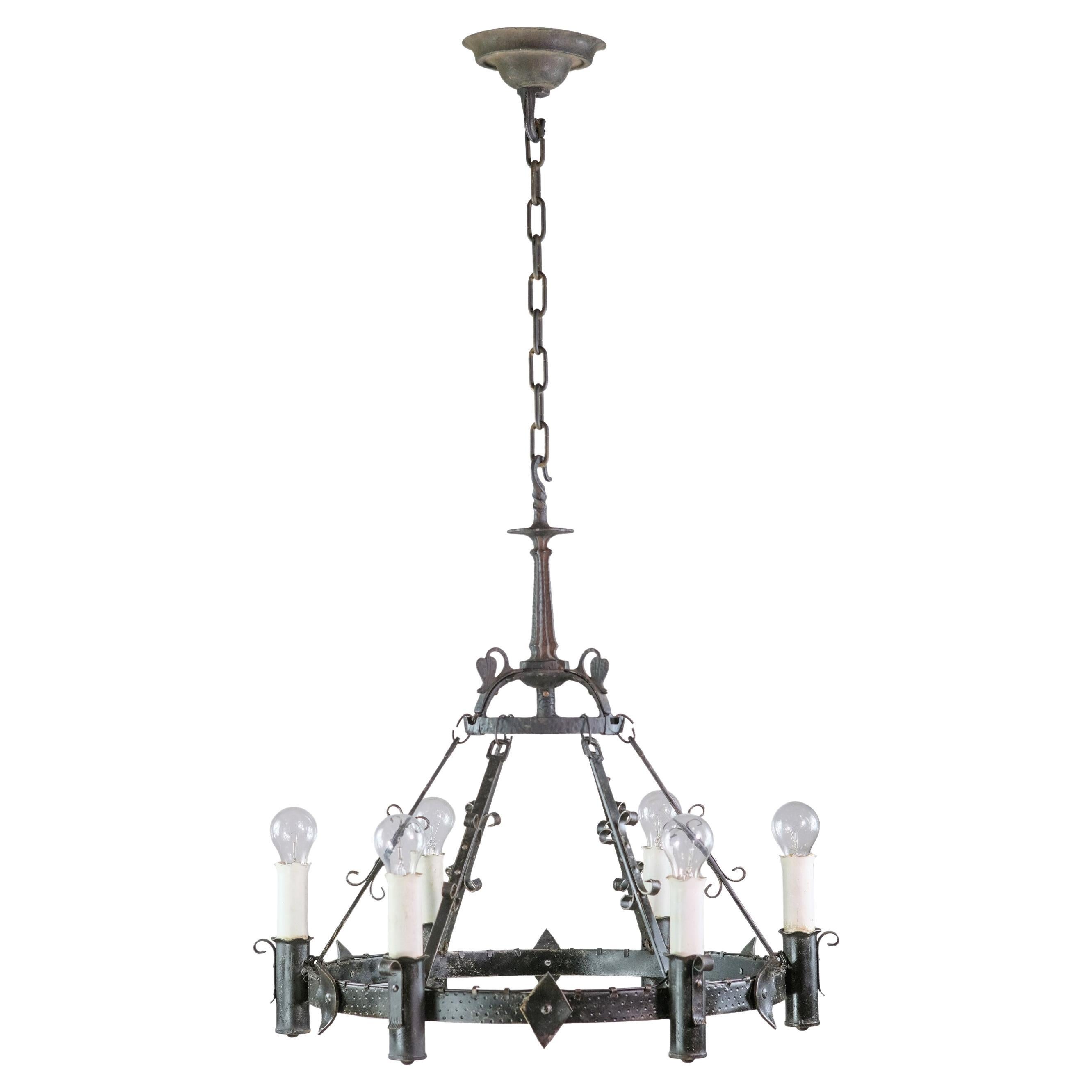 Six-Light Hammered Wrought Iron Chandelier, Arts and Crafts Tudor Style For  Sale at 1stDibs