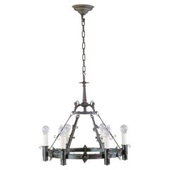 Six-Light Hammered Wrought Iron Chandelier, Arts & Crafts Tudor Style