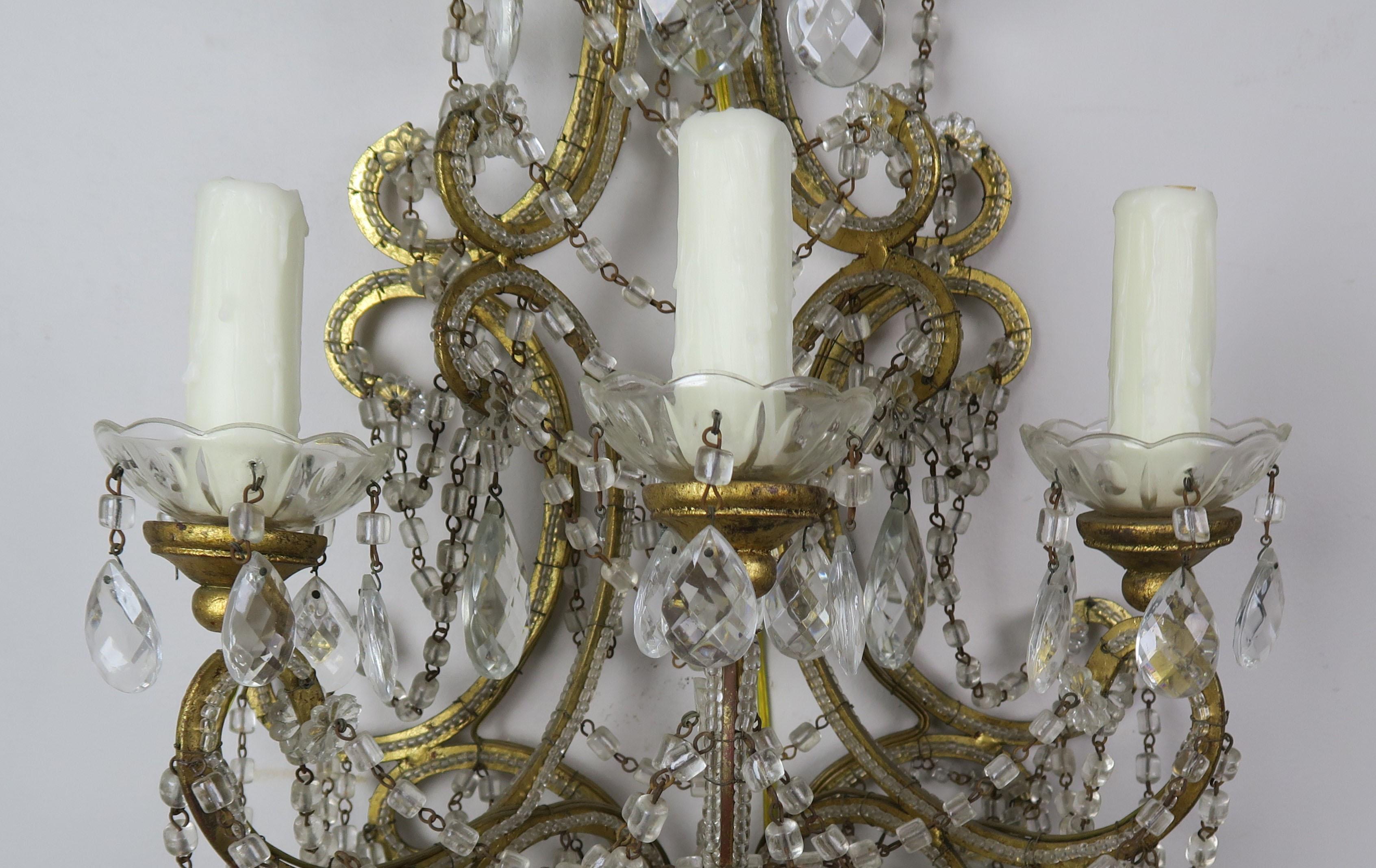 Six-Light Italian Beaded Crystal Sconce, circa 1940s In Distressed Condition In Los Angeles, CA